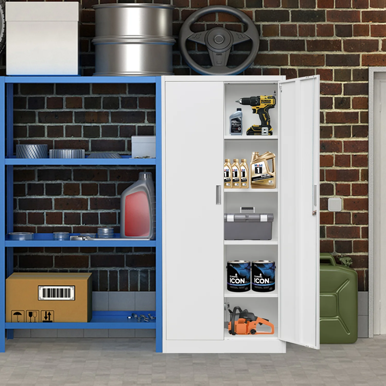 CJF Metal Storage Cabinet, 72" H Garage Storage Cabinet with Adjustable Shelves and Lockable Door, Classic Office Storage Cabinet for Home, School, Office, Garage (Black)
