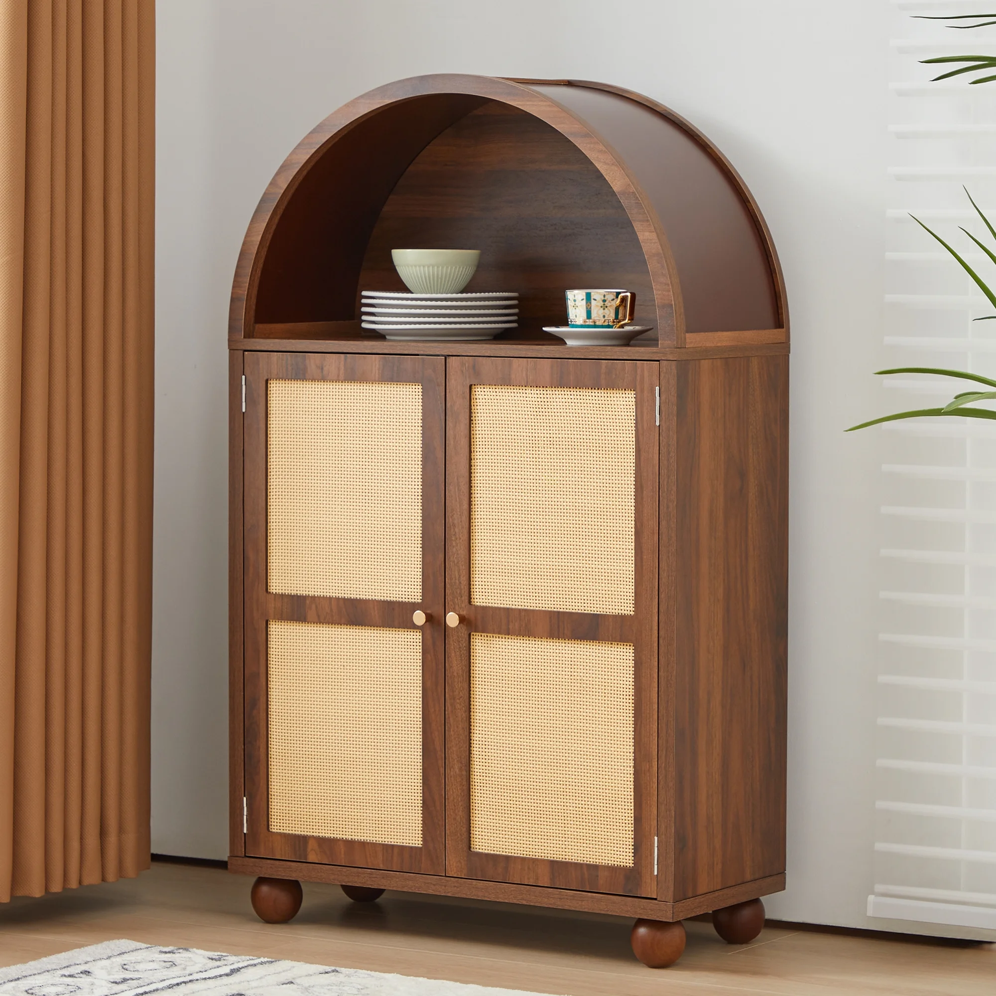 Wirrytor Arched Kitchen Storage Cabinet, Sideboard Buffet Cabinet with 2-Tier and 2 Doors, Black Sideboard, Kitchen Pantry Cabinet, Wooden Storage Cabinet for Living Room