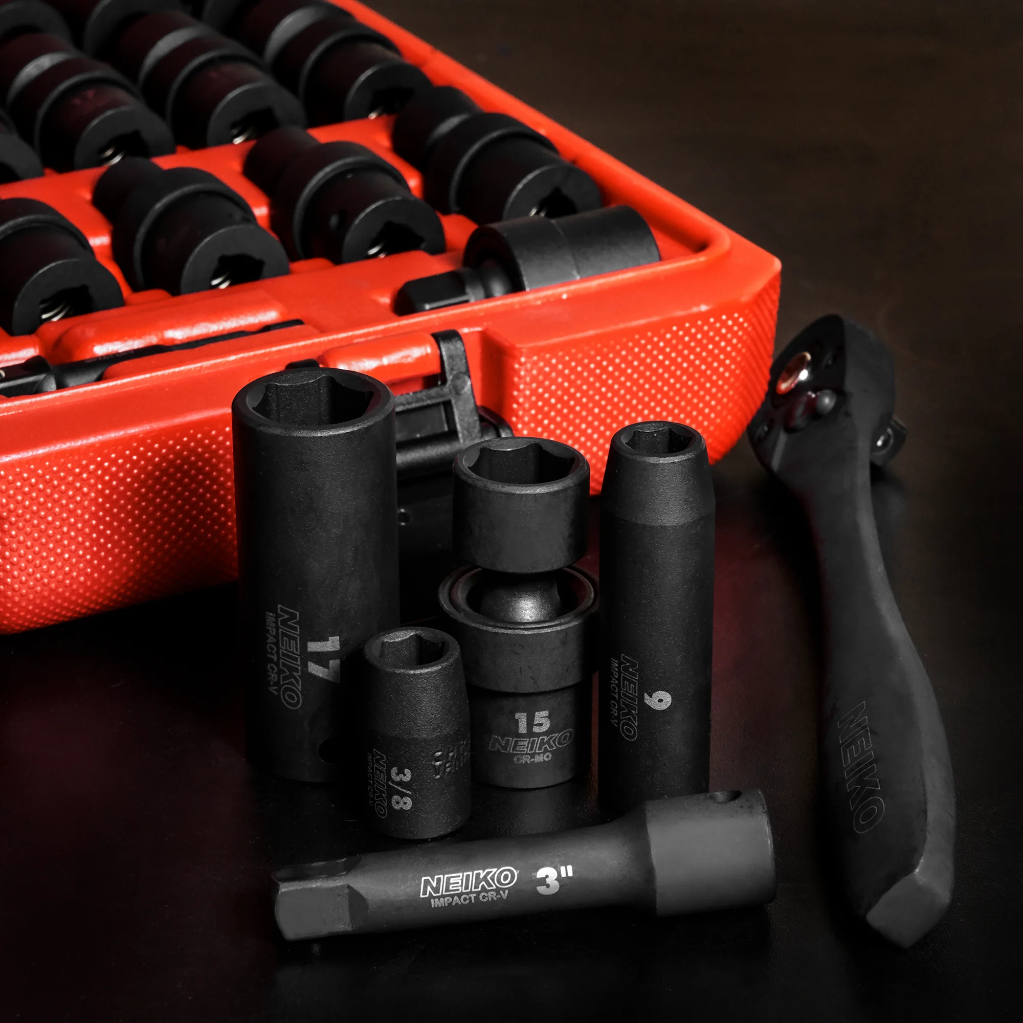 NEIKO 02471A Impact Socket Set, 3/8- Drive, 67 Piece, Metric and Standard Master Socket Set with Shallow & Deep Sockets, Ratchet, Swivel Sockets, Extension Bars, Adapters, Cr-V & Cr-Mo