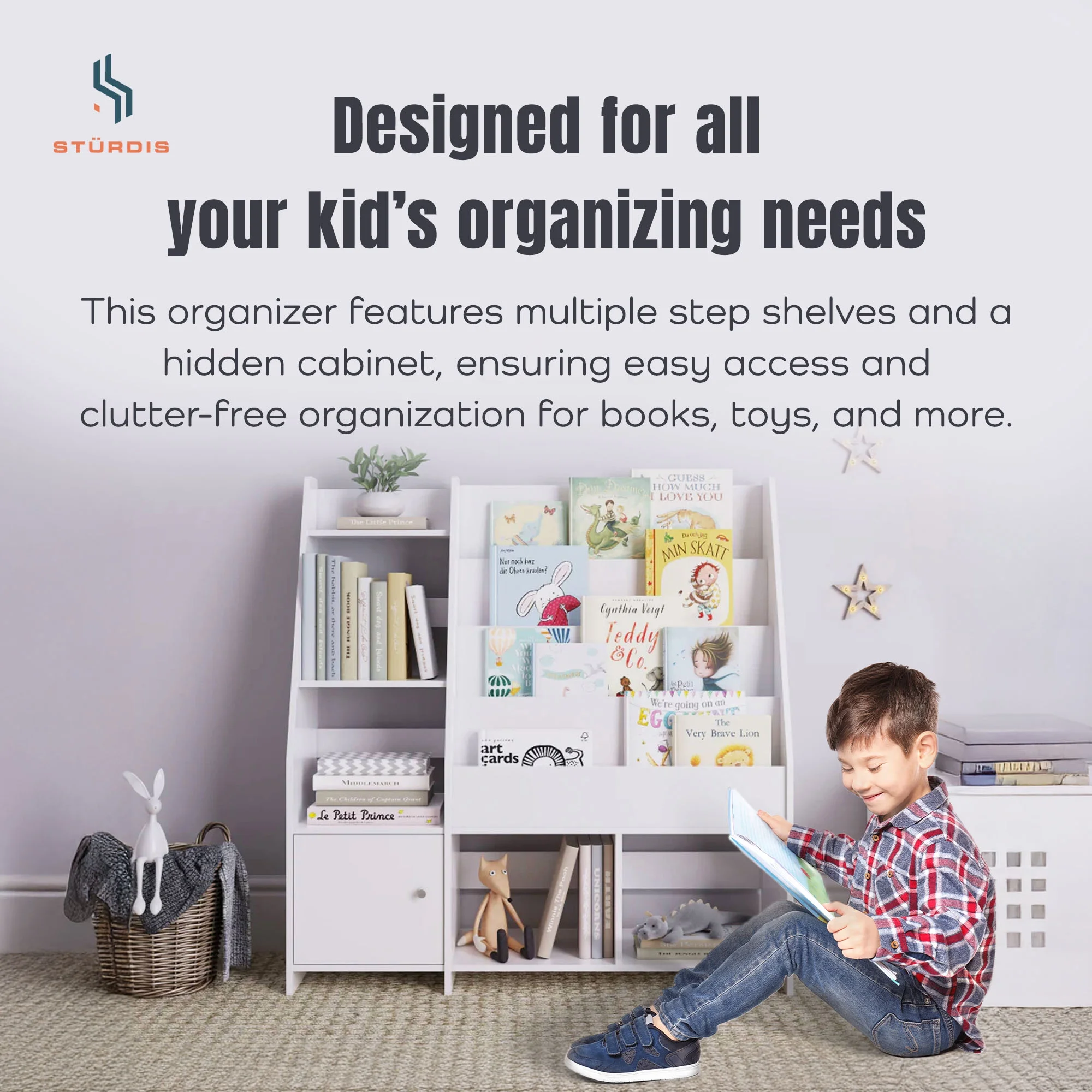 Sturdis Kids Toy Storage Organizer With Bookshelf and White Bins