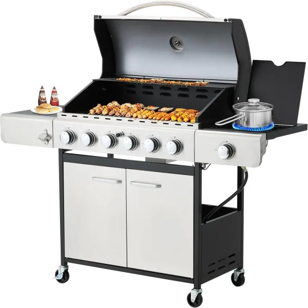 Upgraded 4 Burner BBQ Propane Gas Grill with Cast Iron Grates & Side Stove, 44,000 BTU Stainless Steel Burner Barbecue Grill for Patio, Camping, Outdoor Cooking.