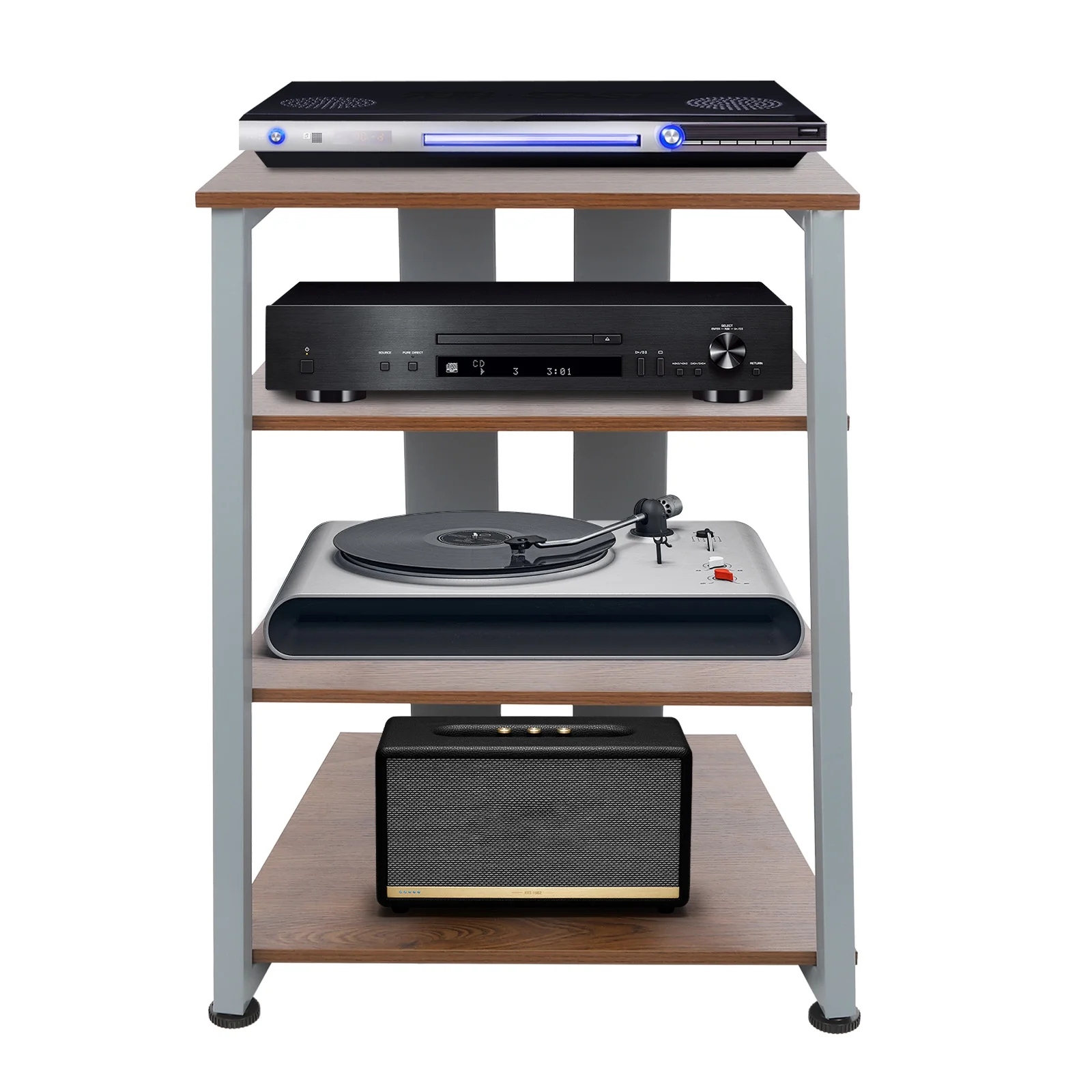 4-Tier AV Media Stand, Multi-Functional Storage Shelf for Organizing and Storing TV Accessories, CD Changers, Receivers, DVD Players, Game Consoles, and Other Media Equipment, Brown and Grey