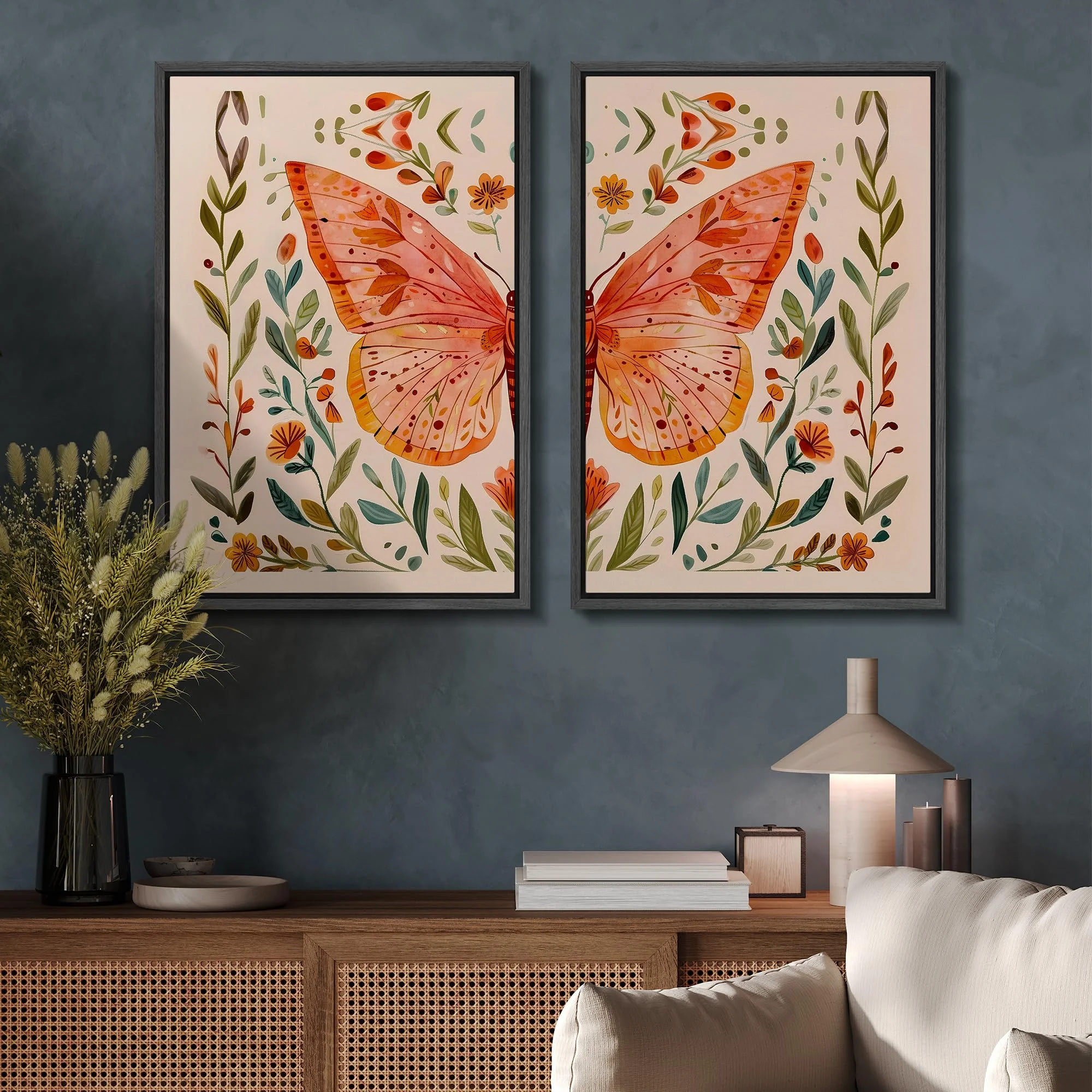 IDEA4WALL Framed Canvas Print Wall Art Set Whimsical Butterfly and Florals Illustration Abstract Botanical Boho Modern Art Wall Decor Colorful Chic Artwork for Home Decor - Natural 24"x36"x2