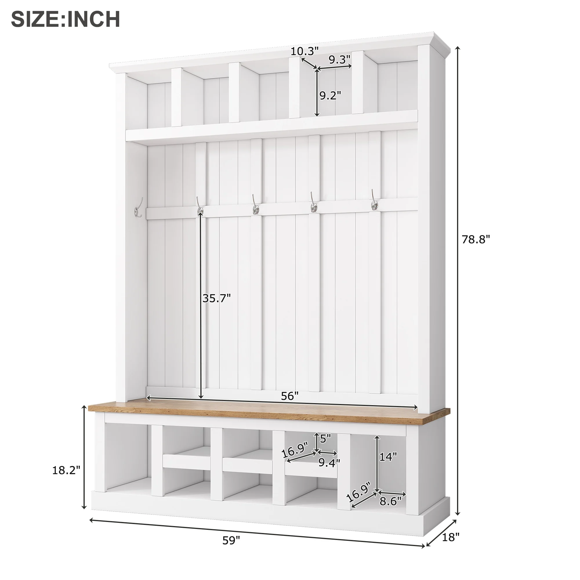 Bellemave 59"W Farmhouse Hall Tree with Storage Shelves and Shoes Rack Multi-functional Coat Rack with Hooks Entryway Shoes Storage Seating Bench Coat Hanger for Hallway (Black, With Shoes Rack)