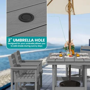 SERWALL 7-Piece Patio Table Set, Outdoor HDPE Dining Furniture with Umbrella Hole, All Weather Table and Chairs for Lawn, Garden, Poolside, Aruba