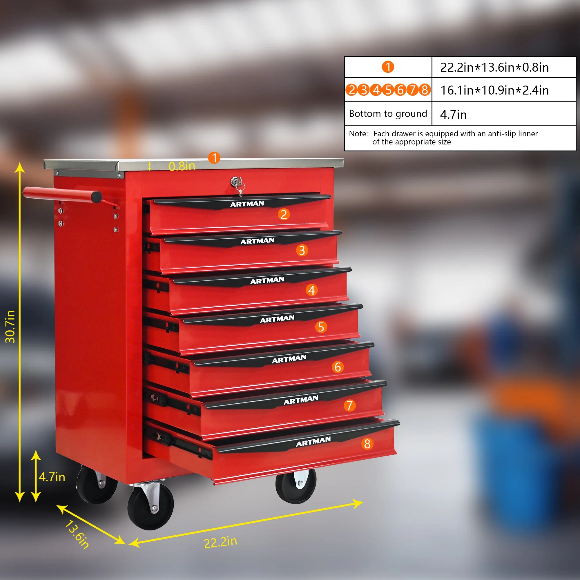 Tool Cabinets 4 Drawers Multifunctional Tool Cart with Wheels,Metal Rolling Tool Cart Storage for Garage Workshop Warehouse Repair Shop--With Stainless Steel Roof- Red&Black,Garage Tool Cabinets