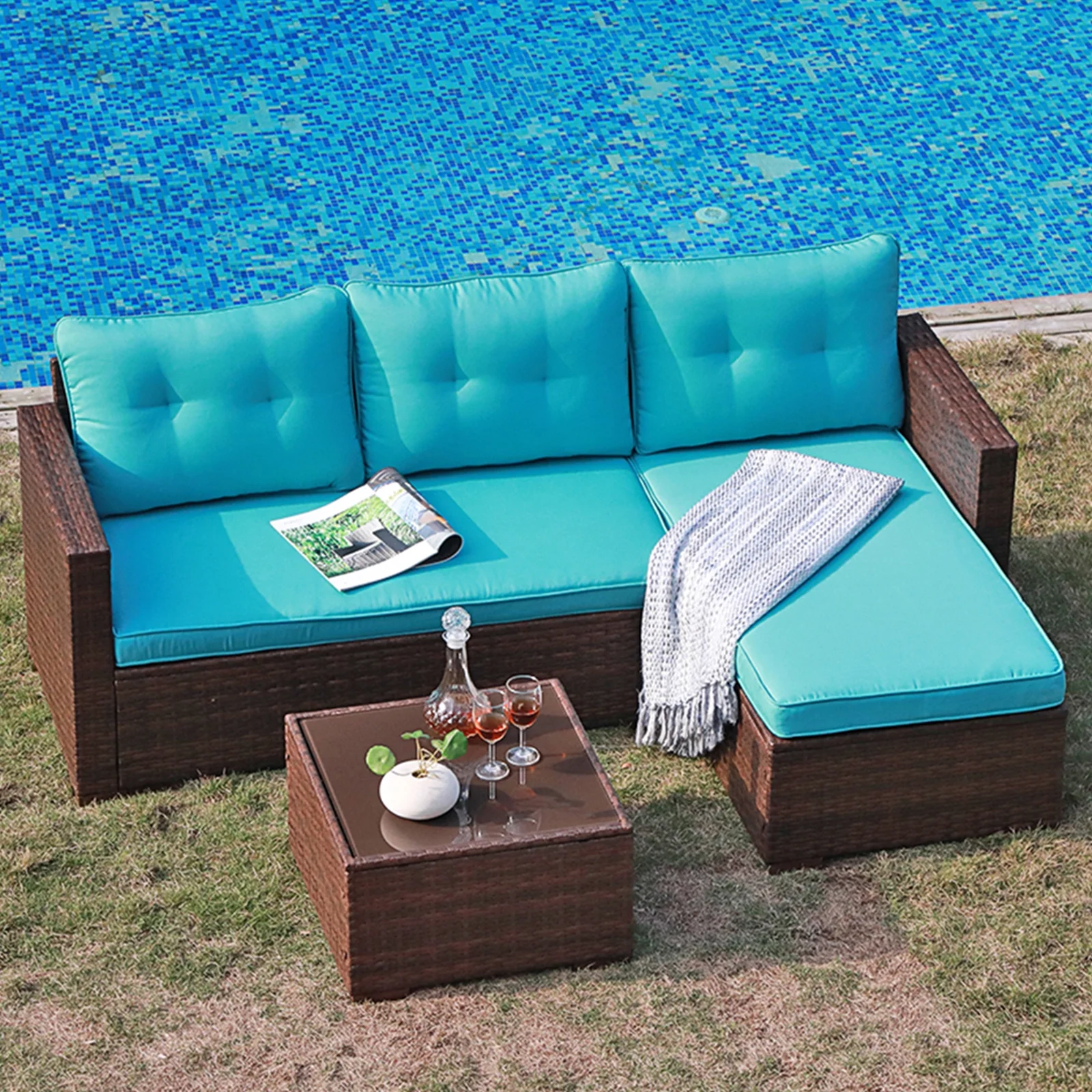 JOIVI 3 Pieces Patio Conversation Set, PE Wicker Rattan Outdoor Furniture Set, 2 Ways Small Sectional Sofa, Tempered Glass Coffee Table, Silver-Gray
