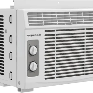 Amazon Basics 5000-BTU Window Air Conditioner with Quiet Operation, Up to 150 Sqf, Cool and Fan Functions, Washable Filter, Adjustable Window Kit, Intuitive Mechanical Controls, for Small Room, White