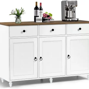 Catrimown Sideboard Buffet Cabinet, Mid-Century Kitchen Storage Cabinet with 3 Drawers & 3 Doors, Coffee Bar Cabinet with 3 Adjustable Shelves, White