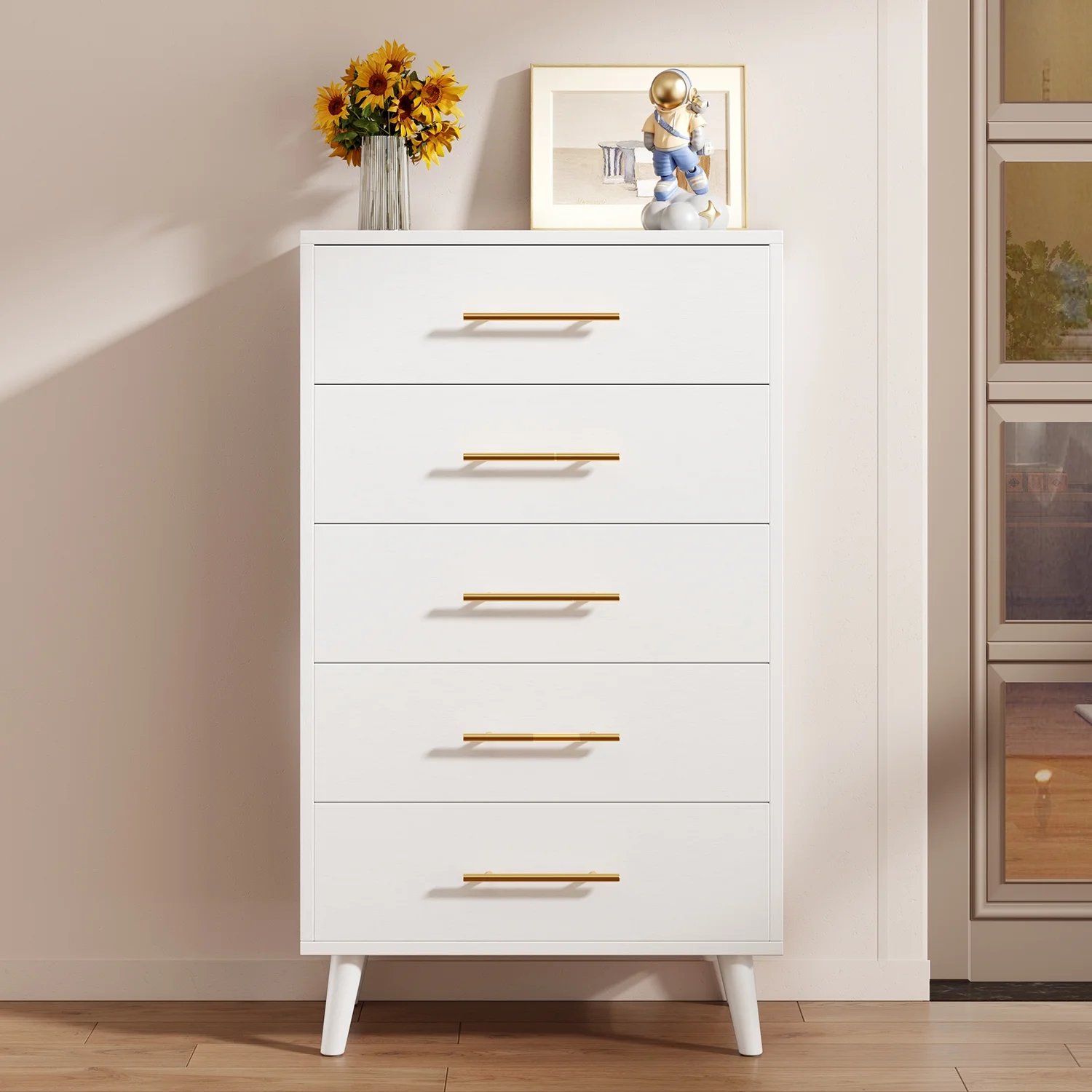 Bedroom Furniture Set - Includes Queen Bed Frame, Nightstands Set of 2, 5-Drawer Dresser & Vanity Desk - Modern Storage Solution for Stylish Home Decor, Beige/White