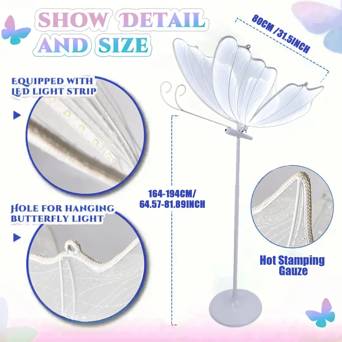 2-Pack Romantic Butterfly Floor Lamp with LED Lights, White & Gold Options, for Wedding, Party, Home Decor, Hanging Chandelier (Multiple Sizes, US Plug)