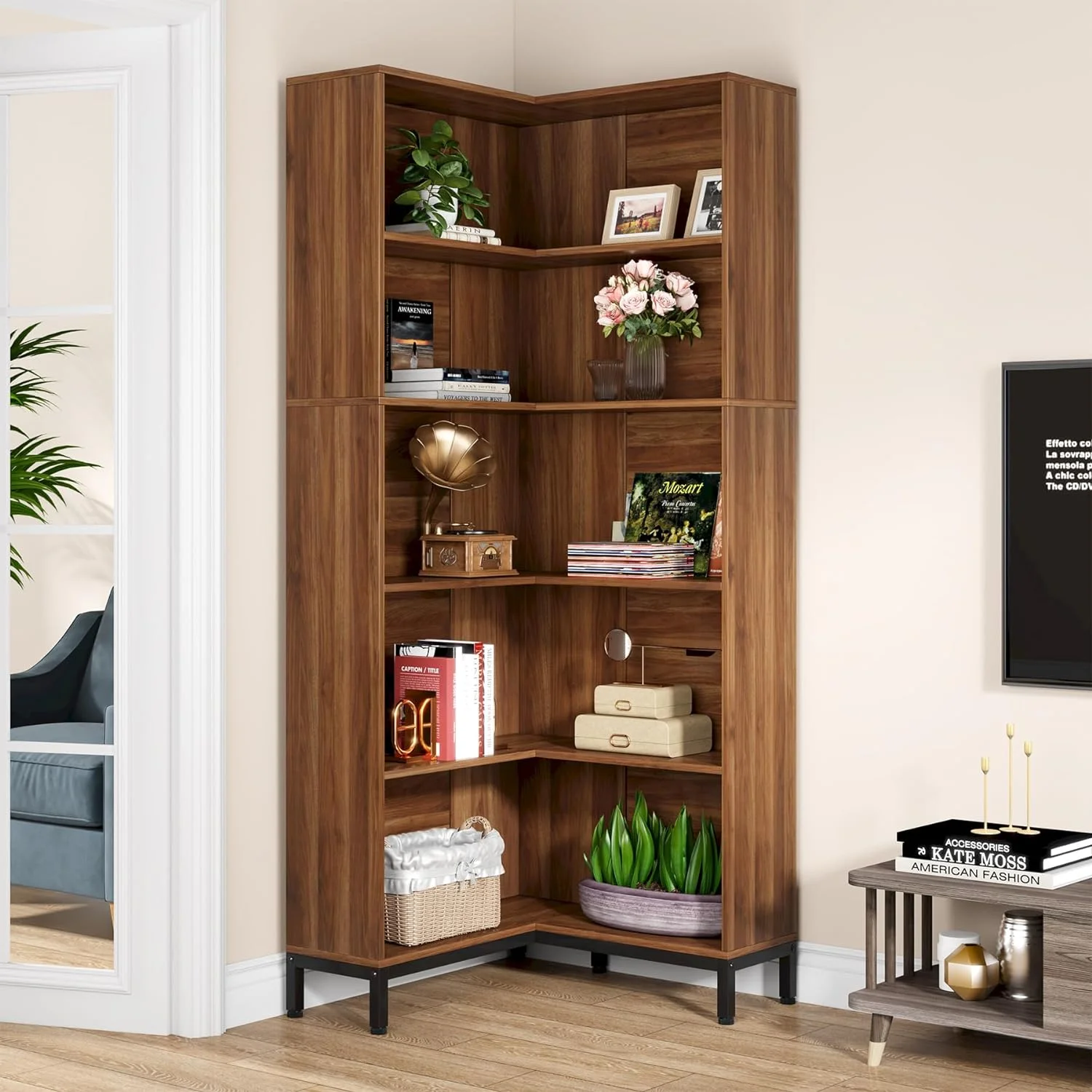 Tribesigns 71" L-Shaped Bookcase, 6-Tier Corner Bookshelf, Industrial Storage Display Rack, Grey