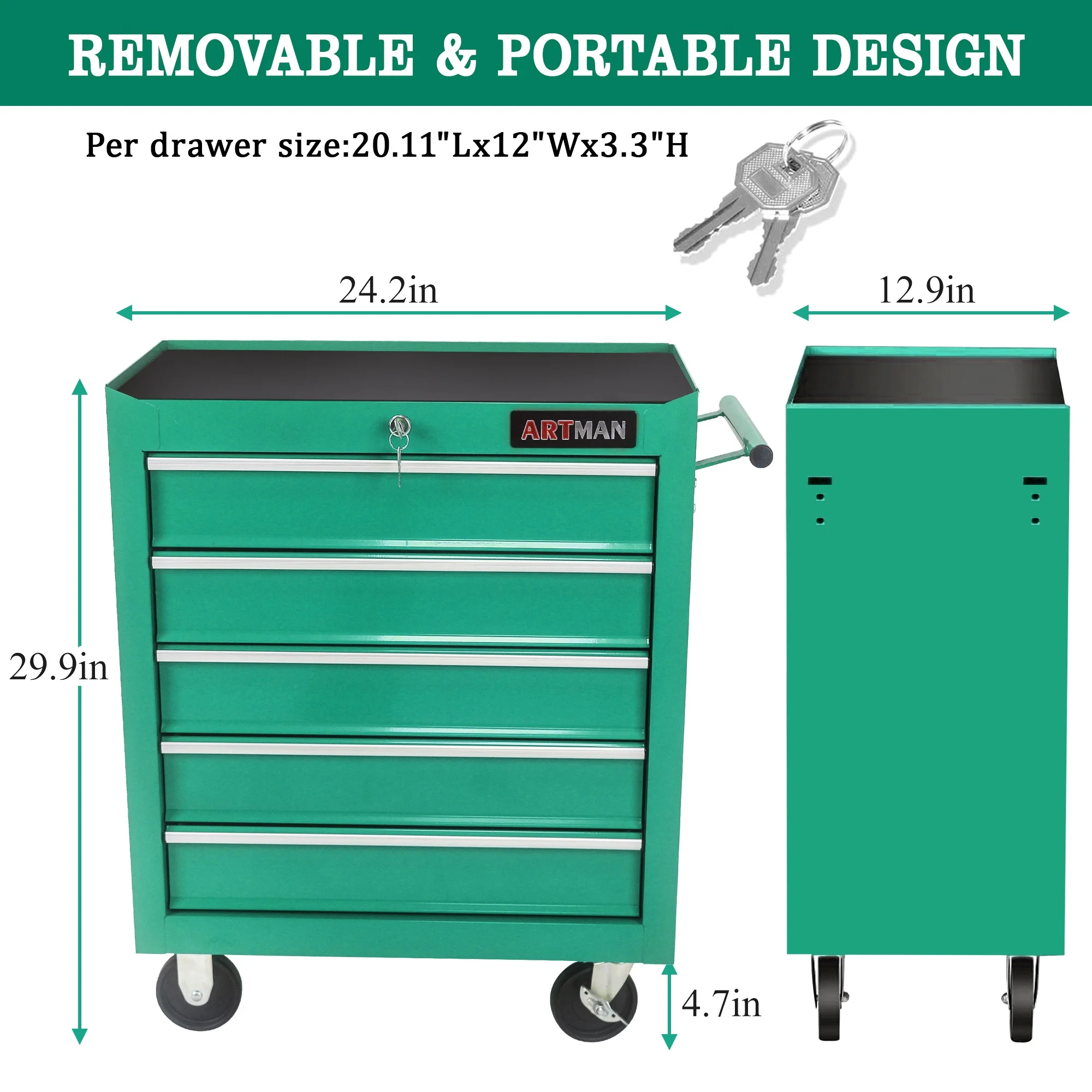 Tool Chest on Wheels, 5-Drawer Rolling Tool Box with Workbench Top, Multifunctional Tool Storage Organizer for Garage, Warehouse, Workshop