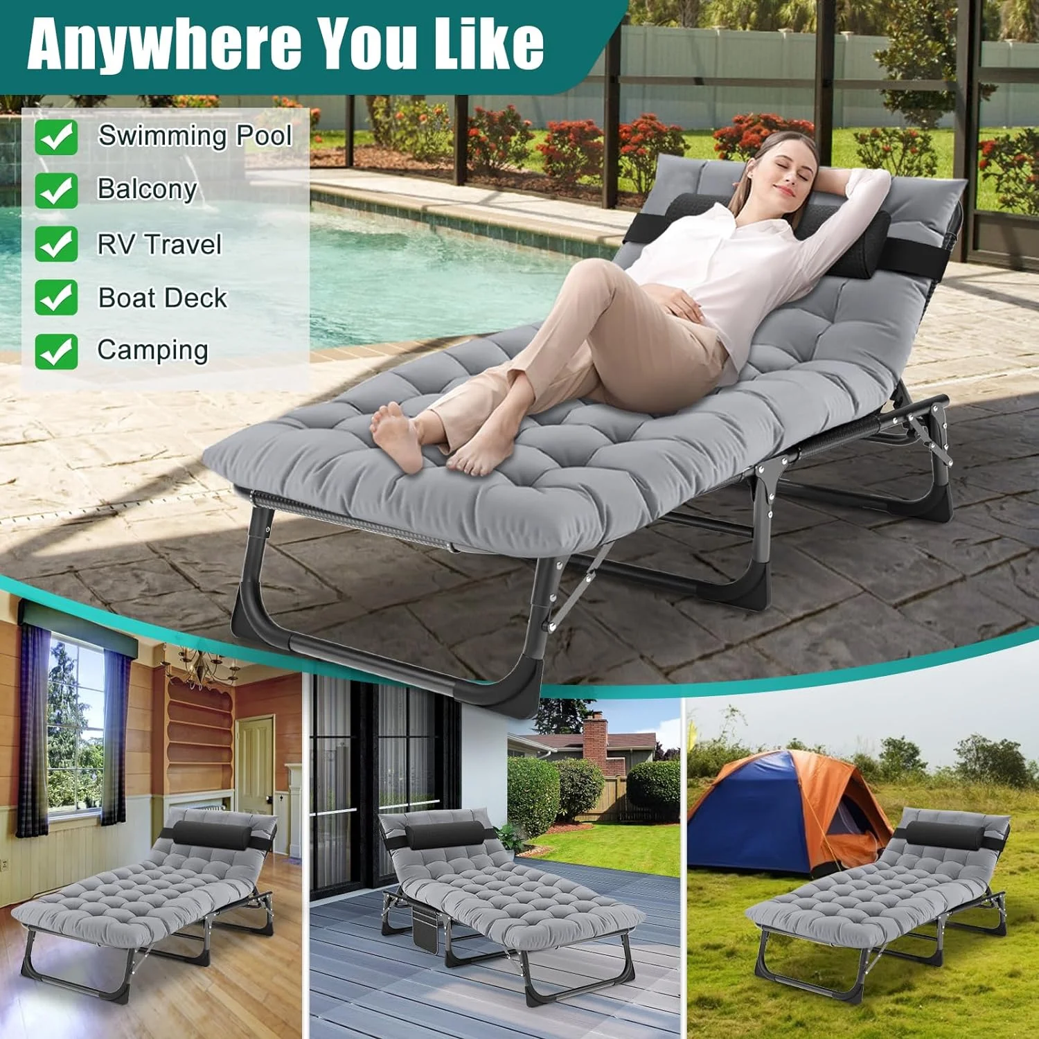 Slsy Folding Lounge Chair, 5-Position Adjustable Outdoor Reclining Chair, Folding Sleeping Bed Cot, Folding Chaise Lounge Chair for Pool Beach Patio Sunbathing