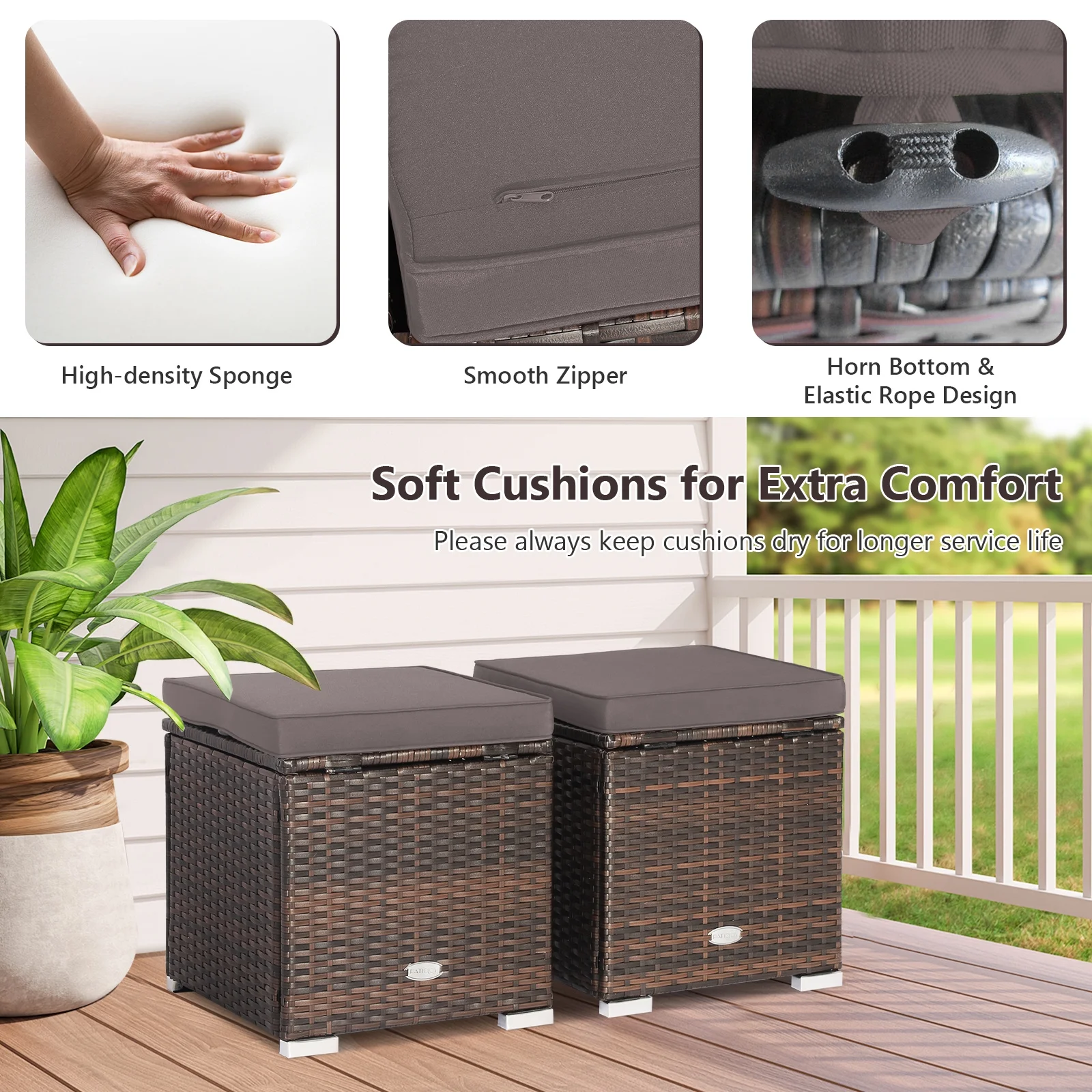 Costway 2PC Patio Rattan Ottoman Seat Side Table Storage Box Footrest Off White