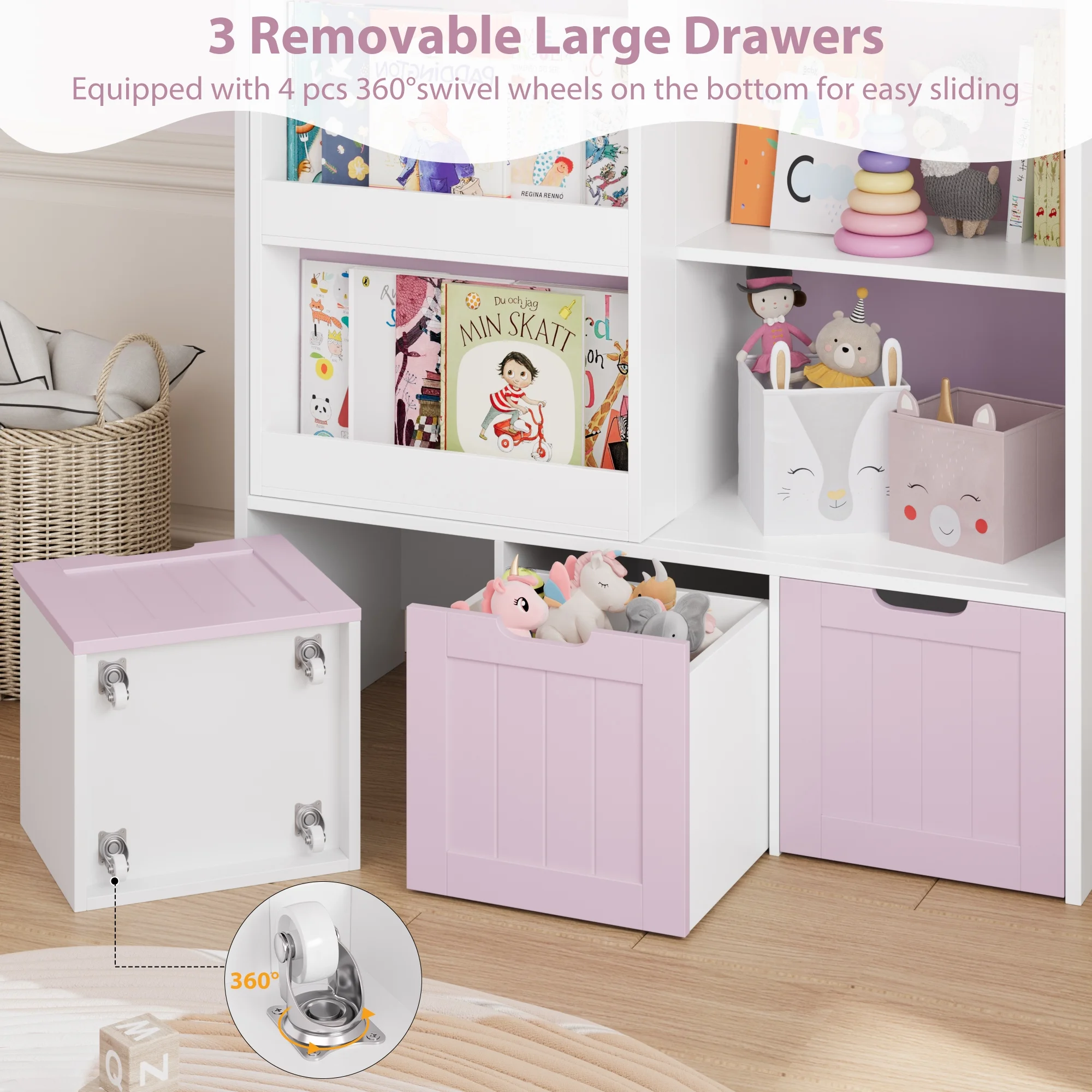 Homfa 6 Cube Toy Storage, Cube Organizer with Sliding Rack, 3 Drawer Kids Bookcase and Bookshelf, White