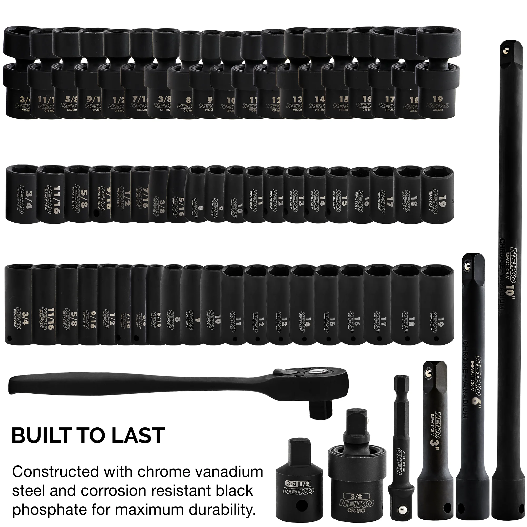 NEIKO 02471A Impact Socket Set, 3/8- Drive, 67 Piece, Metric and Standard Master Socket Set with Shallow & Deep Sockets, Ratchet, Swivel Sockets, Extension Bars, Adapters, Cr-V & Cr-Mo