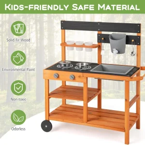 OLAKIDS Mud Kitchen, Outdoor Play Kitchen with Wheels 3 Cups Removable Sink Cooking Accessories Wooden Kids Kitchen Playset Backyard Garden Toys Gift for Boys Girls Ages 3+