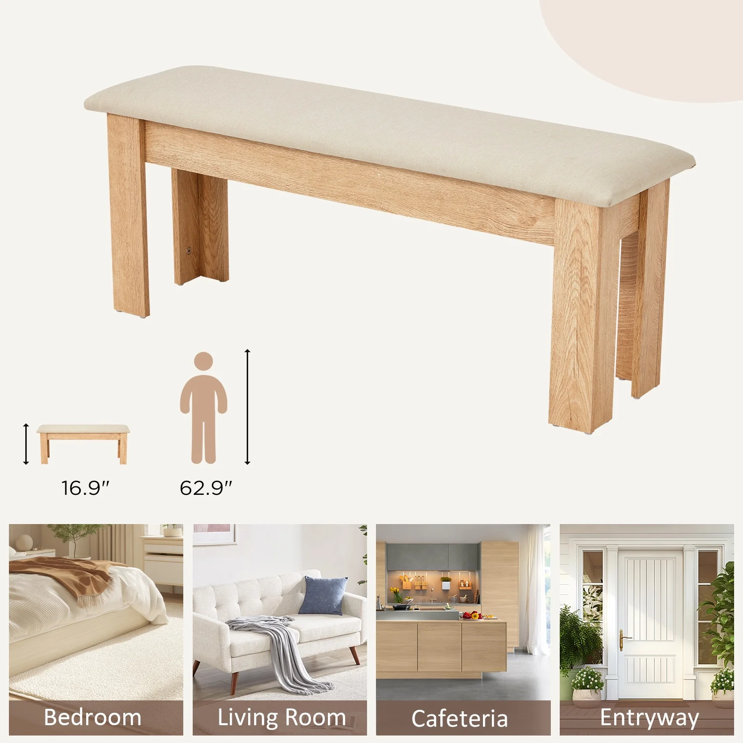 AVAWING 44" Dining Room Bench Set of 2, Wood & Linen Fabric Kitchen Benches, Beige & Natural