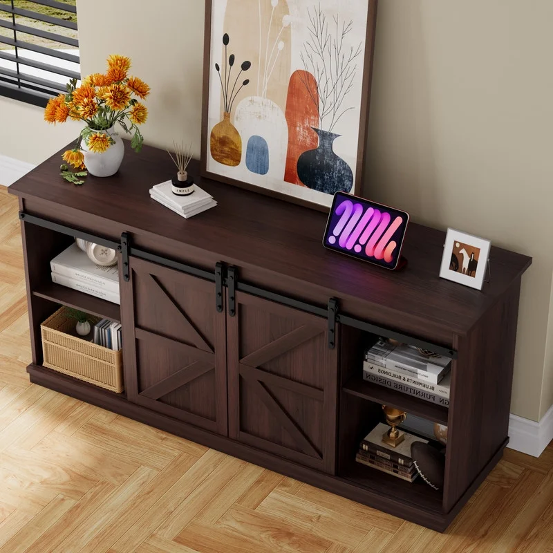 Furmax 65 inch TV Stand Entertainment Center with Sliding Barn Doors and Storage,White