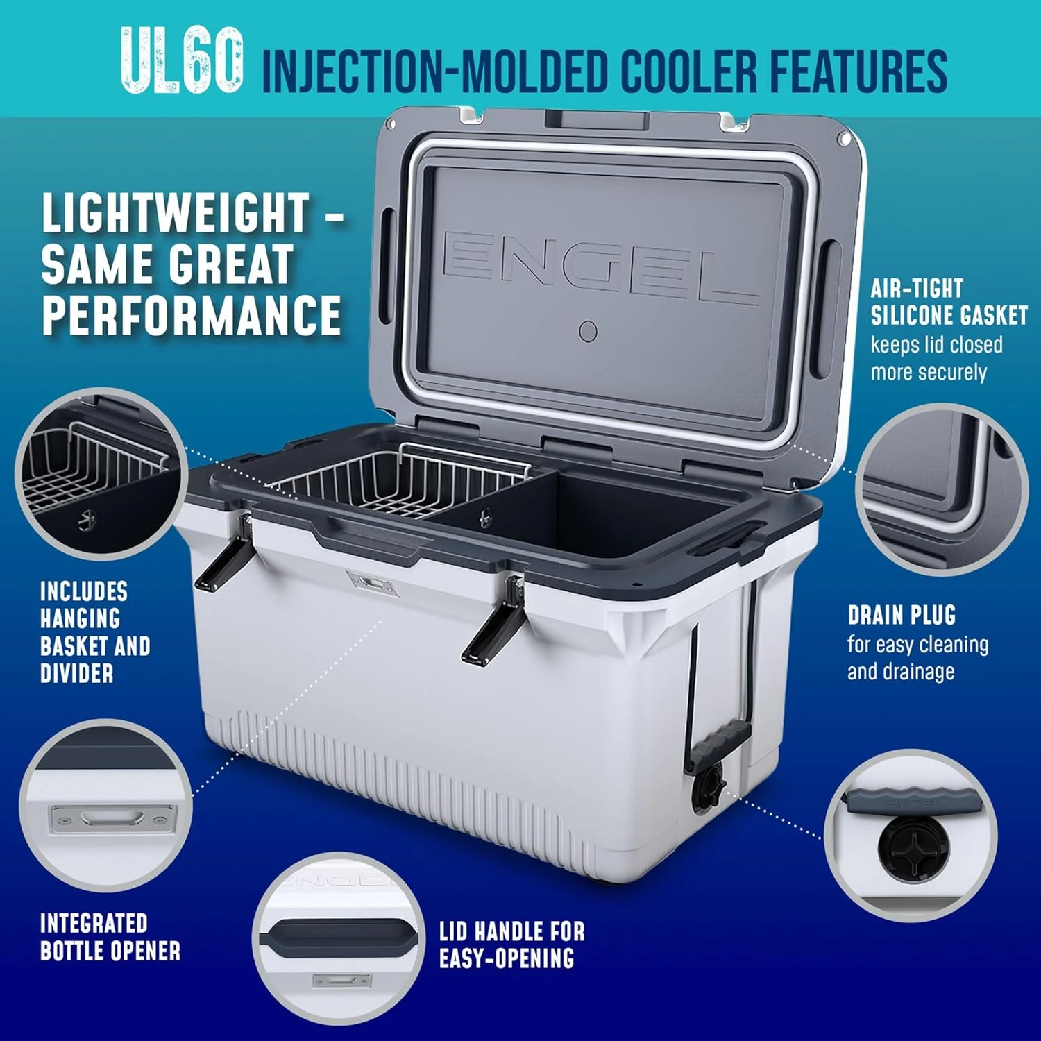 60 QT Ultra-Light Injection Molded Cooler - Ice Chest Keeps Ice up to 7 Days - Large Cooler Includes Wire Basket, Divider and Built-in Bottle Opener