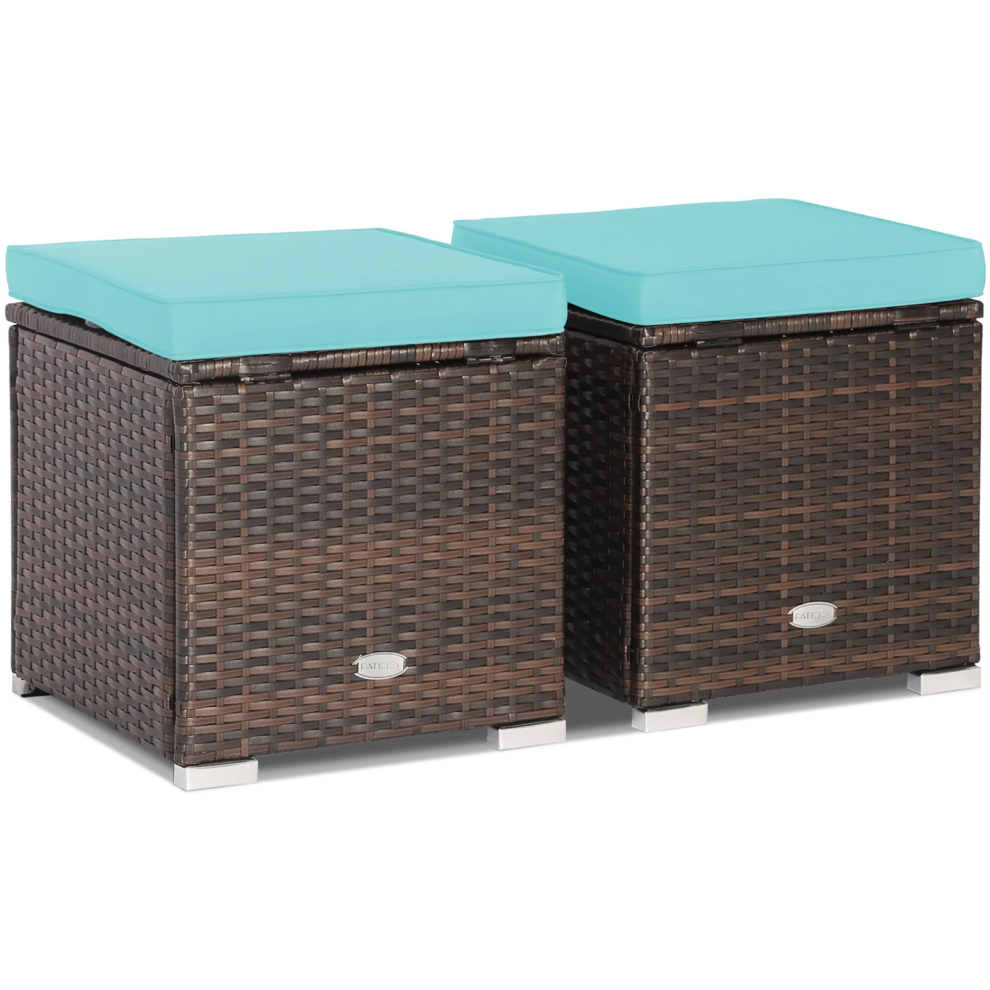 Costway 2PC Patio Rattan Ottoman Seat Side Table Storage Box Footrest Off White