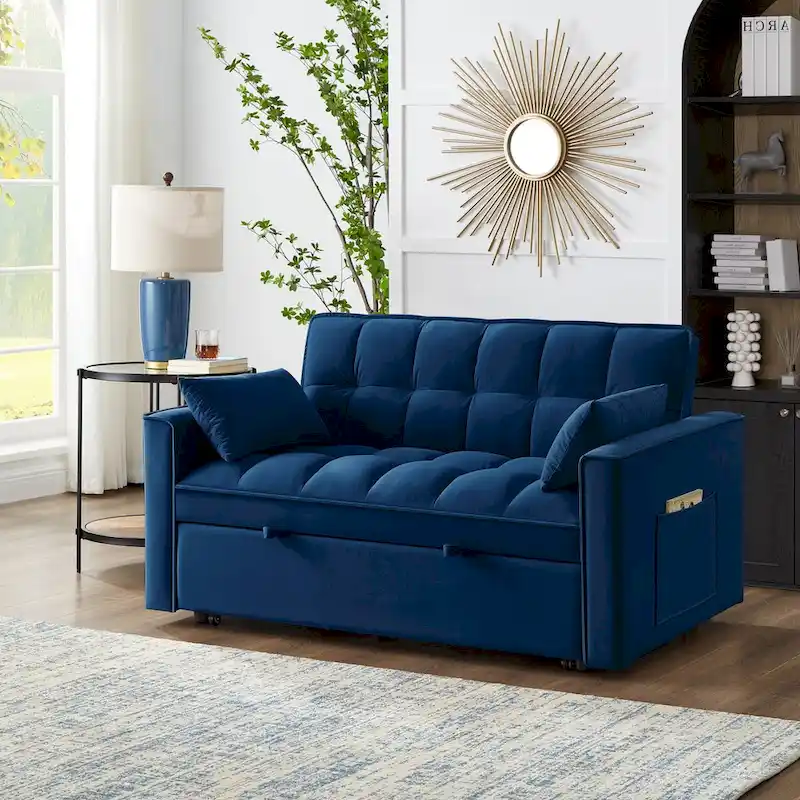 4-in-1 Pull-Out Sleeper Sofa Bed - Loveseat in Velvet -Convertible Couch Bed with Reclining Backrest,2 Side Pockets