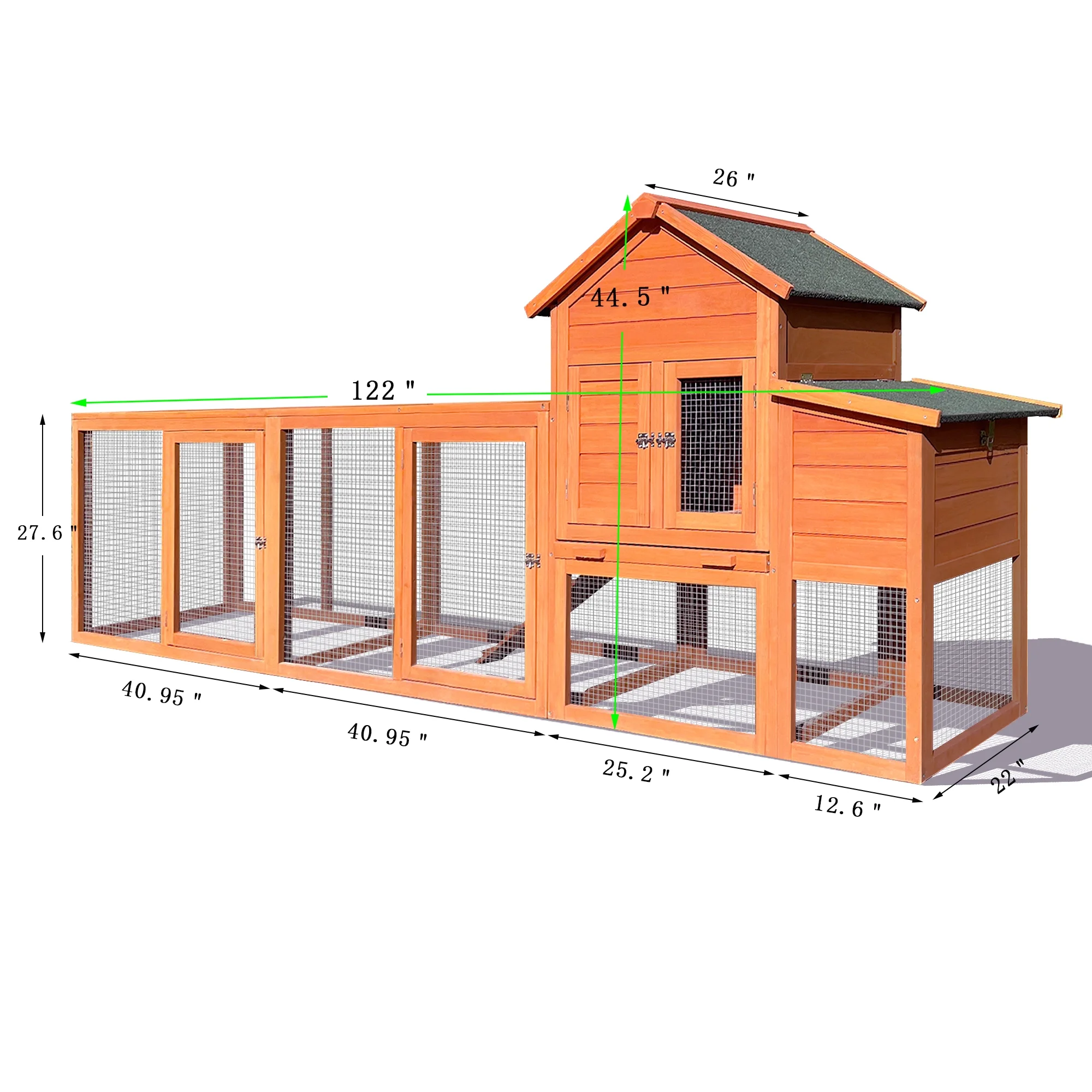 Pefilos 112" Large Rabbit Hutch Outdoor Wood Chicken Coop, Hen House with Nest Box, Wire Fence Poultry Cage, Orange
