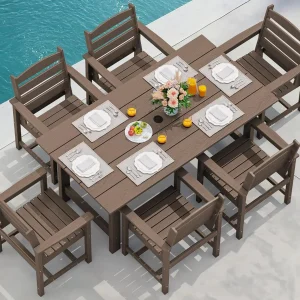 SERWALL 7-Piece Patio Table Set, Outdoor HDPE Dining Furniture with Umbrella Hole, All Weather Table and Chairs for Lawn, Garden, Poolside, Aruba