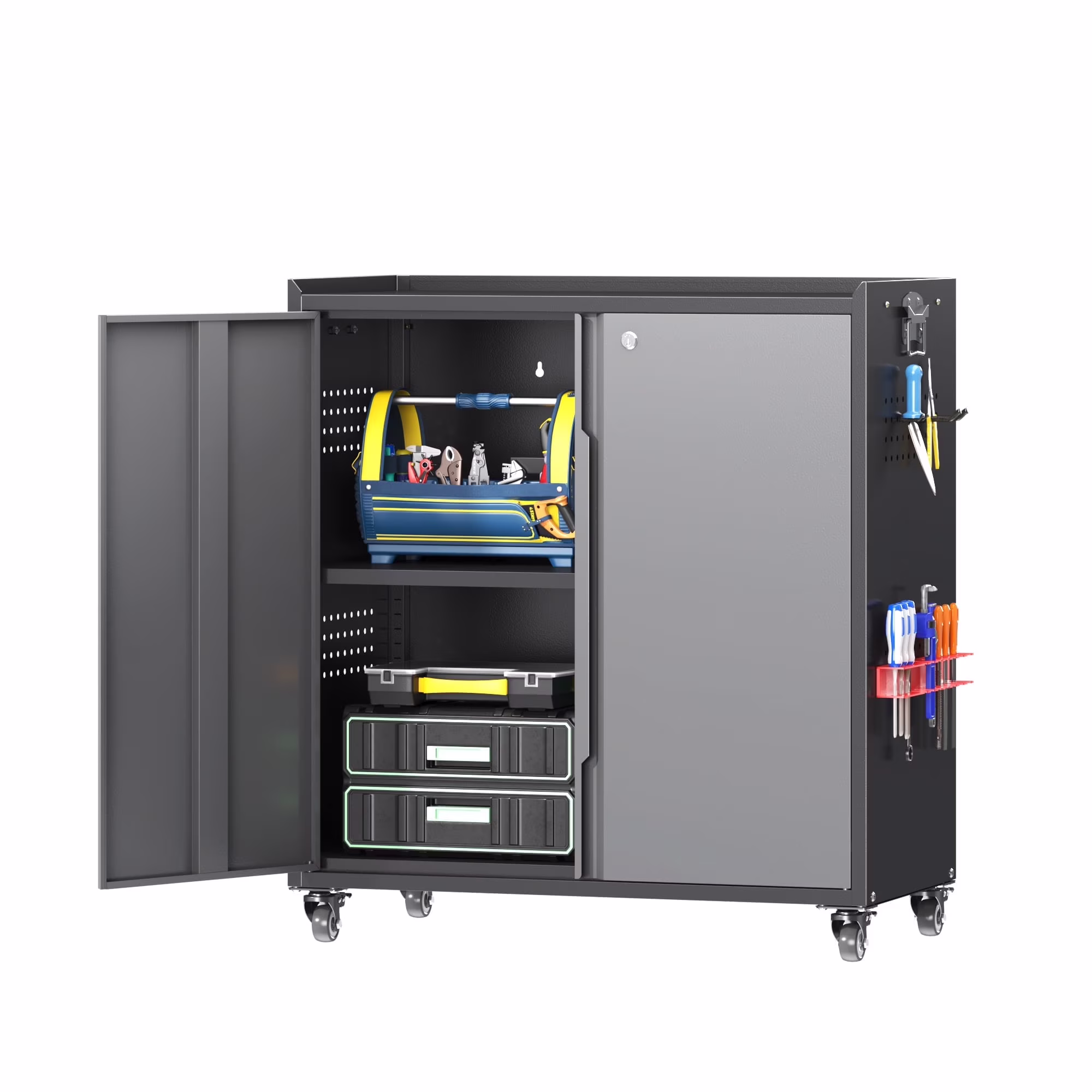 Firstsky Metal Garage Storage Cabinet with Wheels, Adjustable Rolling Tool Storage Cabinet with Lock, 34" Steel Locking Tool Cabinet with Doors and Shelves-Black&Gray, 34.3" H-