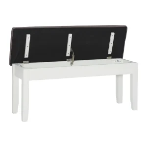 Kesten Farmhouse Dining Bench with Storage, Vanilla White Base with Rustic Taupe Fabric