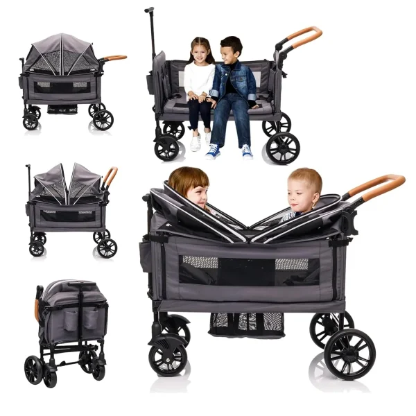 Wagon Stroller for 2 Kids & Cargo-Travel Stroller Push-Pull Double Wagon Lightweight Folding Stroller for Newborn&Toddler with 5-Point Harness,Adjustable Handle Bar and Canopy,Tray Table,Cup Holder