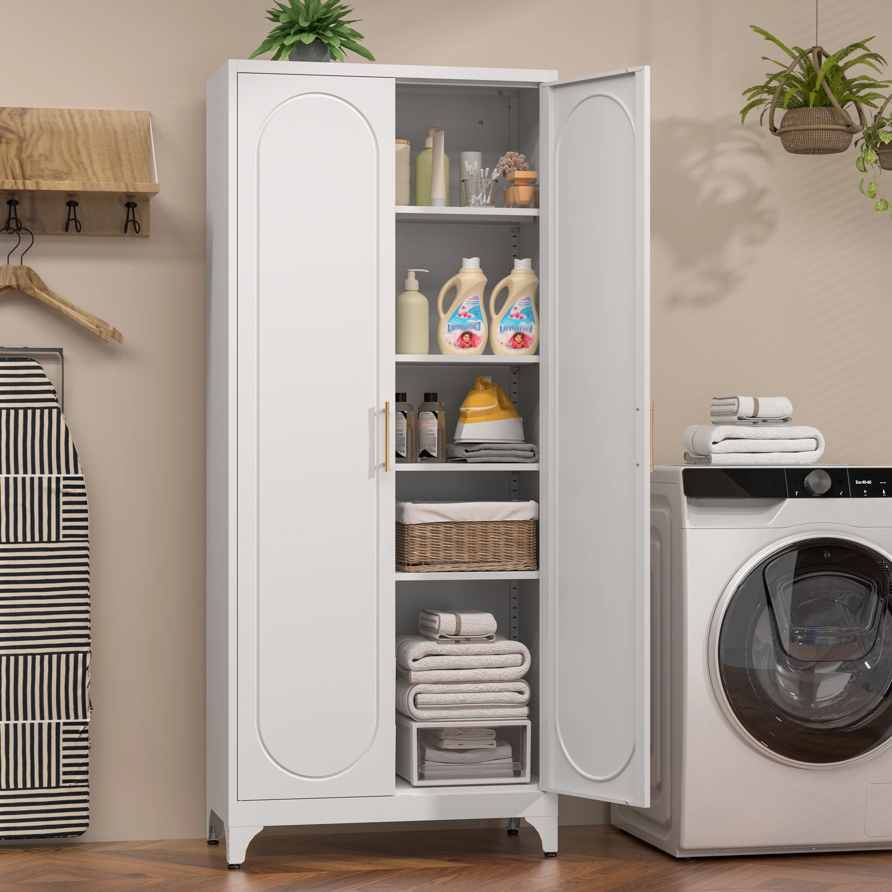 Polup White 75" H Modern Kitchen Storage Cabinet with Doors and Adjustable Shelves