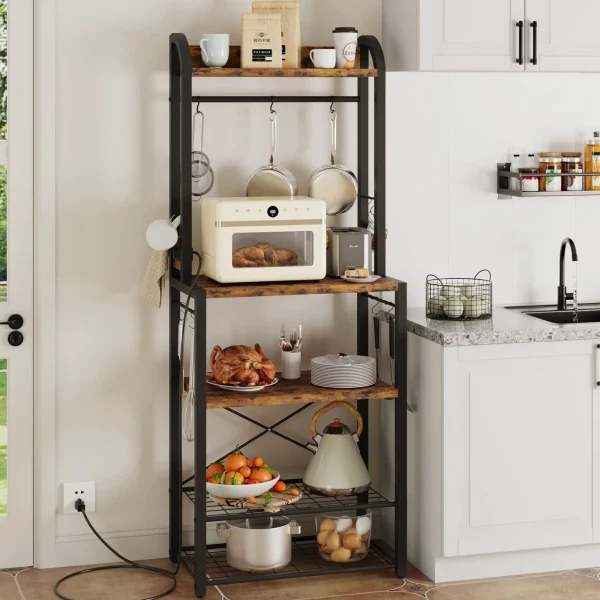 Litake Bakers Rack with Power Outlet, Industrial Microwave Stand, Coffee Bar Table Station with Metal Wire Panel, Kitchen Storage Rack with 8 Hooks, Buffet Table with Hutch, Rustic Brown