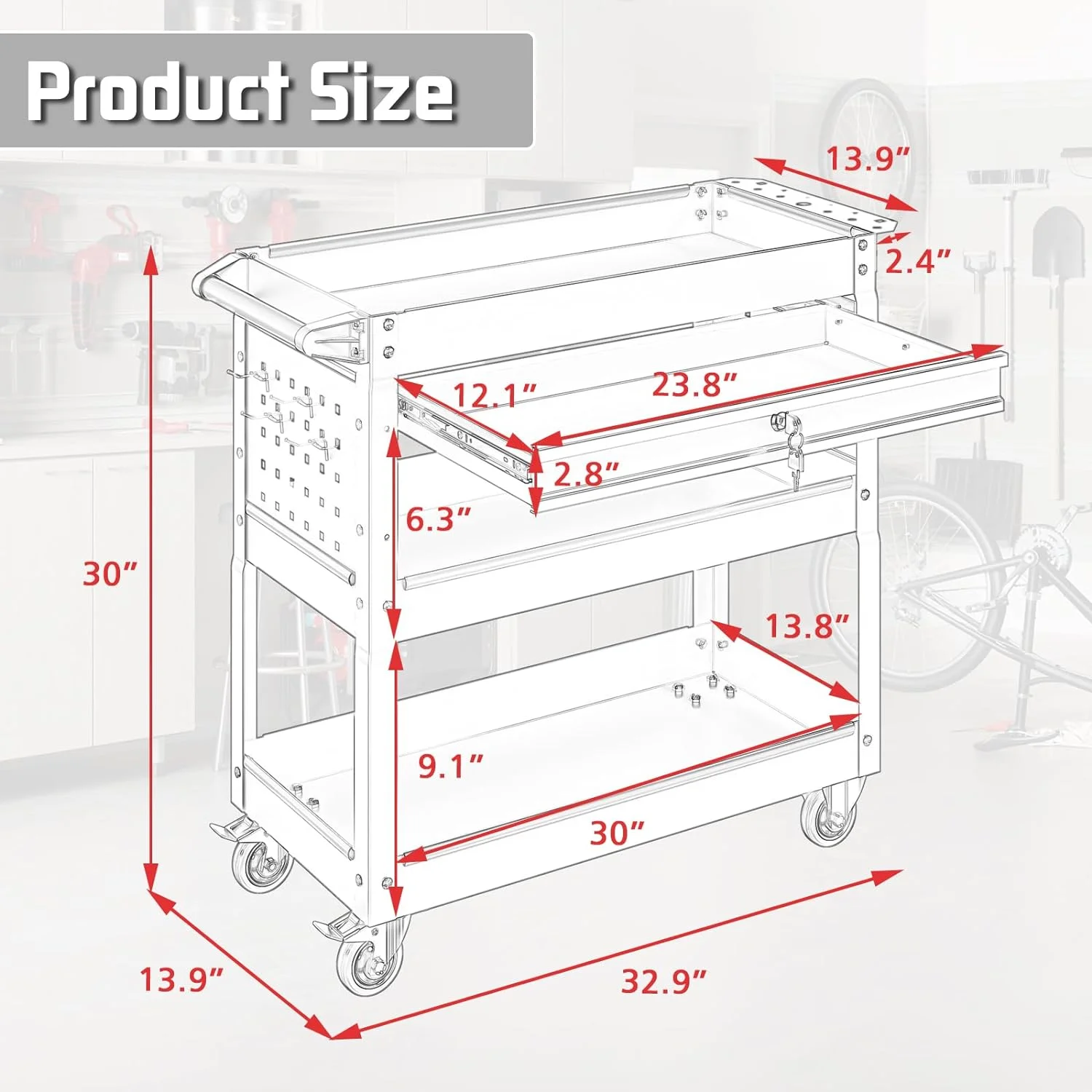 Odaof 4-Wheel Big Rolling Tool Storage Cart with Ball-Bearing Slides for Garage and Warehouse (Orange)