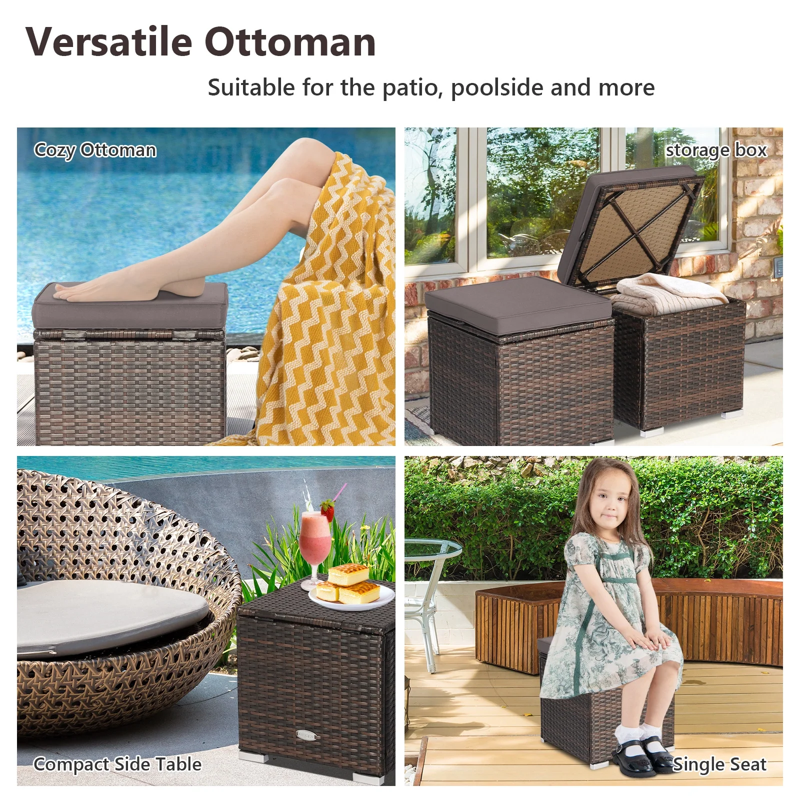 Costway 2PC Patio Rattan Ottoman Seat Side Table Storage Box Footrest Off White