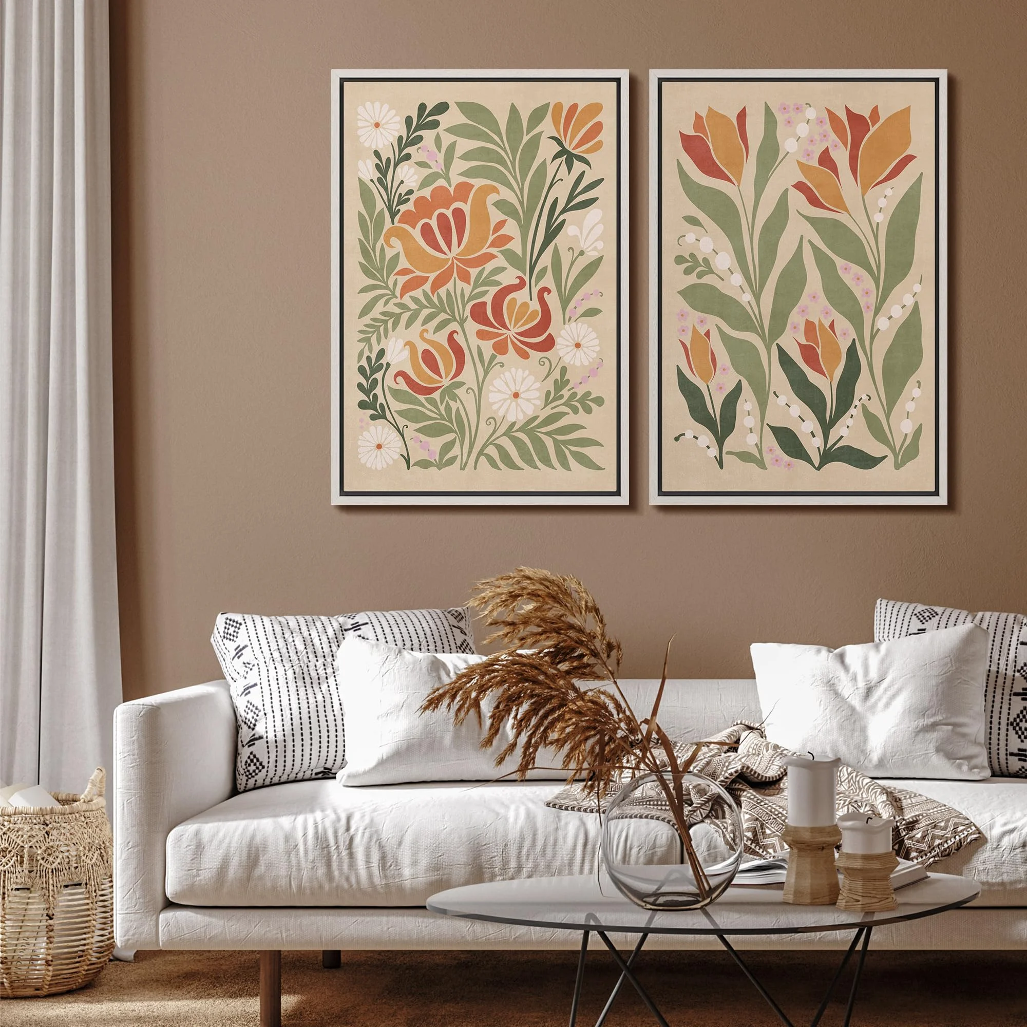 IDEA4WALL Framed Canvas Print Wall Art Set Vintage Floral Classic Botanical Illustration Abstract Garden Flowers Boho Art Modern Wall Decor Colorful Chic Artwork for Home Decor - Natural 24"x36"x2