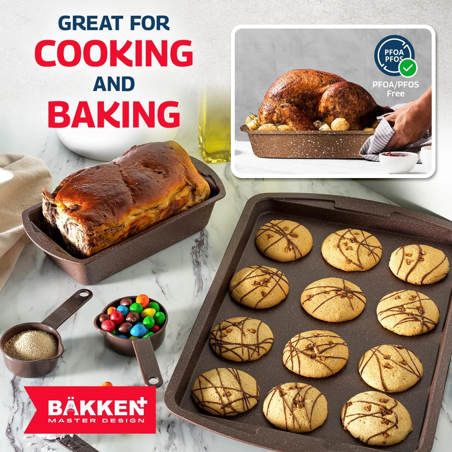 Bakken Master 38 Piece Granite Cookware and Bakeware Set -C Nonstick Granite Coating, Pots and Pans with Detachable Handles and Tempered Glass Lids, 6-piece Bakeware set, 12-piece Mixing Bowls,Brown