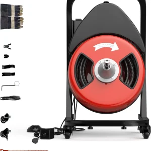 Drain Cleaner Machine 50FTx1/2 Inch,Auto Sewer Snake Auger on Wheels,Portable Drain Cleaning Machine with 4 Cutter & Foot Switch for 2" to 4" Pipes Sewer Sink Toilet Shower