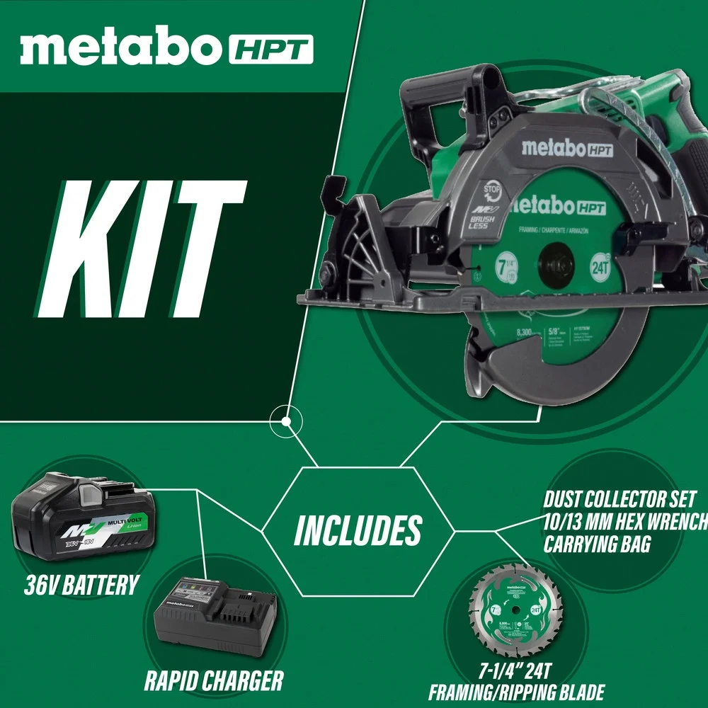 Metabo HPT 36V MultiVolt 7-1/4 Inch Rear Handle Circular Saw, Lightweight Design, Up to 500 2x4 Cuts Per Charge, 53- Adjustable Bevel Capacity, Lifetime Tool Body Warranty, C3607DWA