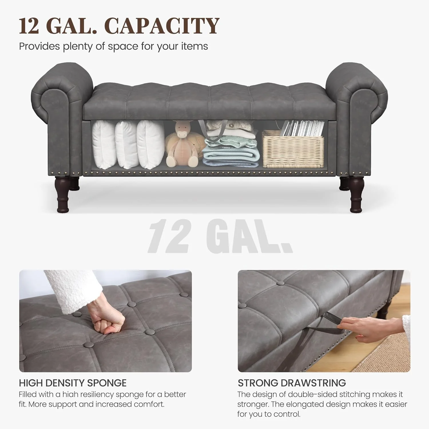 Gelloan Storage Ottoman Bench for Bedroom,Upholstered Bedroom Bench with Rolled Arms and Rivets, Storage Chest for Living Room,Grey,51 Inches