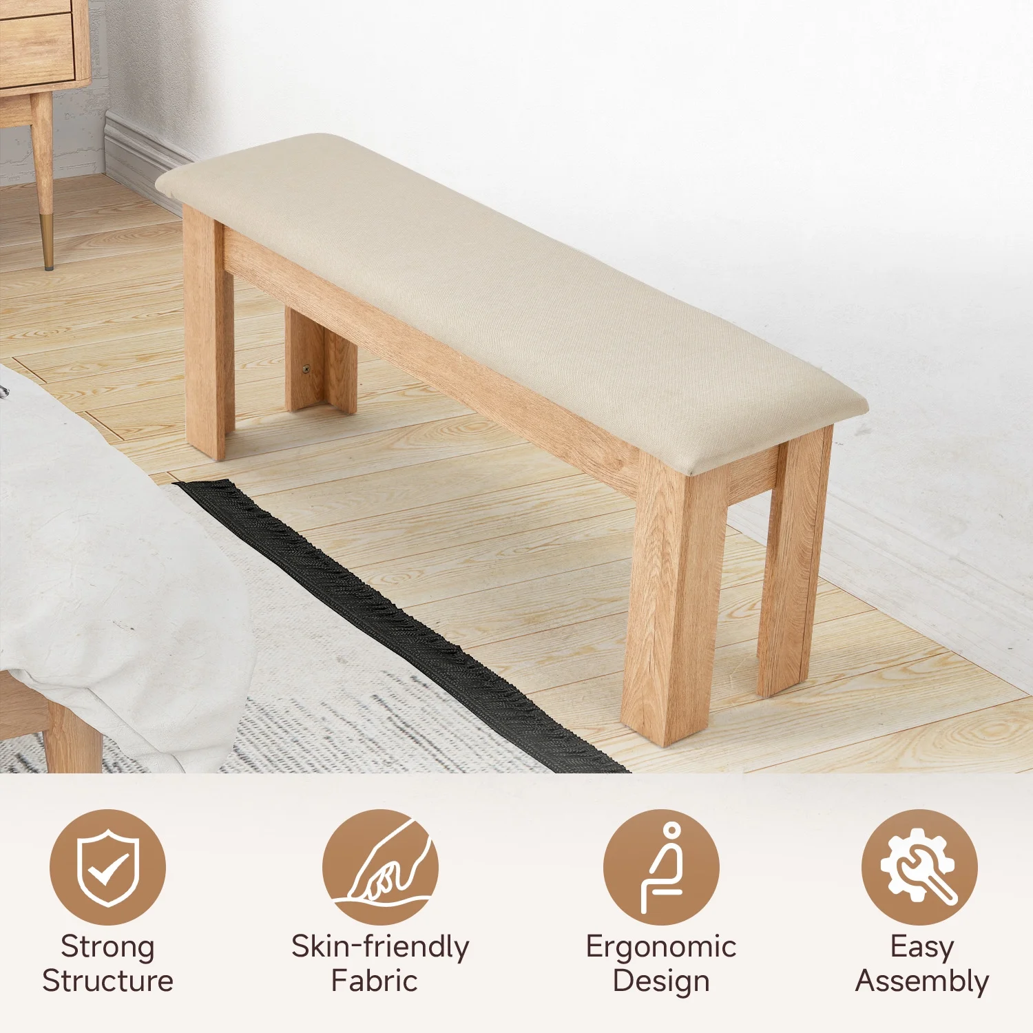 AVAWING 44" Dining Room Bench Set of 2, Wood & Linen Fabric Kitchen Benches, Beige & Natural
