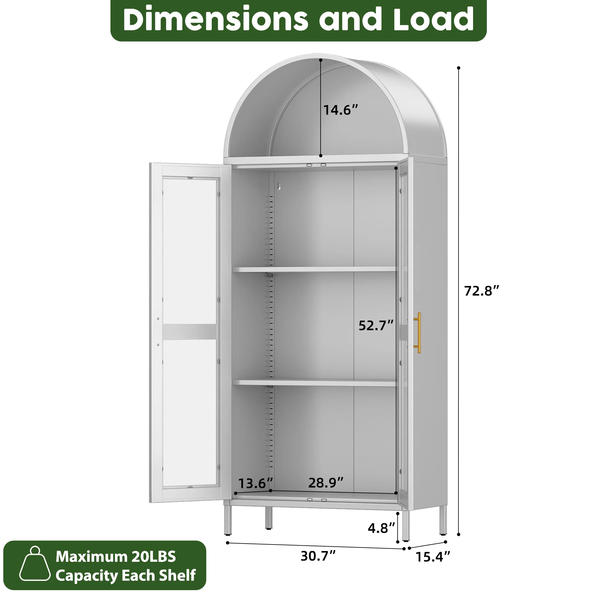 SUXXAN Metal Arched Storage Display Lockable Cabinets with Glass Doors and Adjustable Shelves, Assembly Required, Black