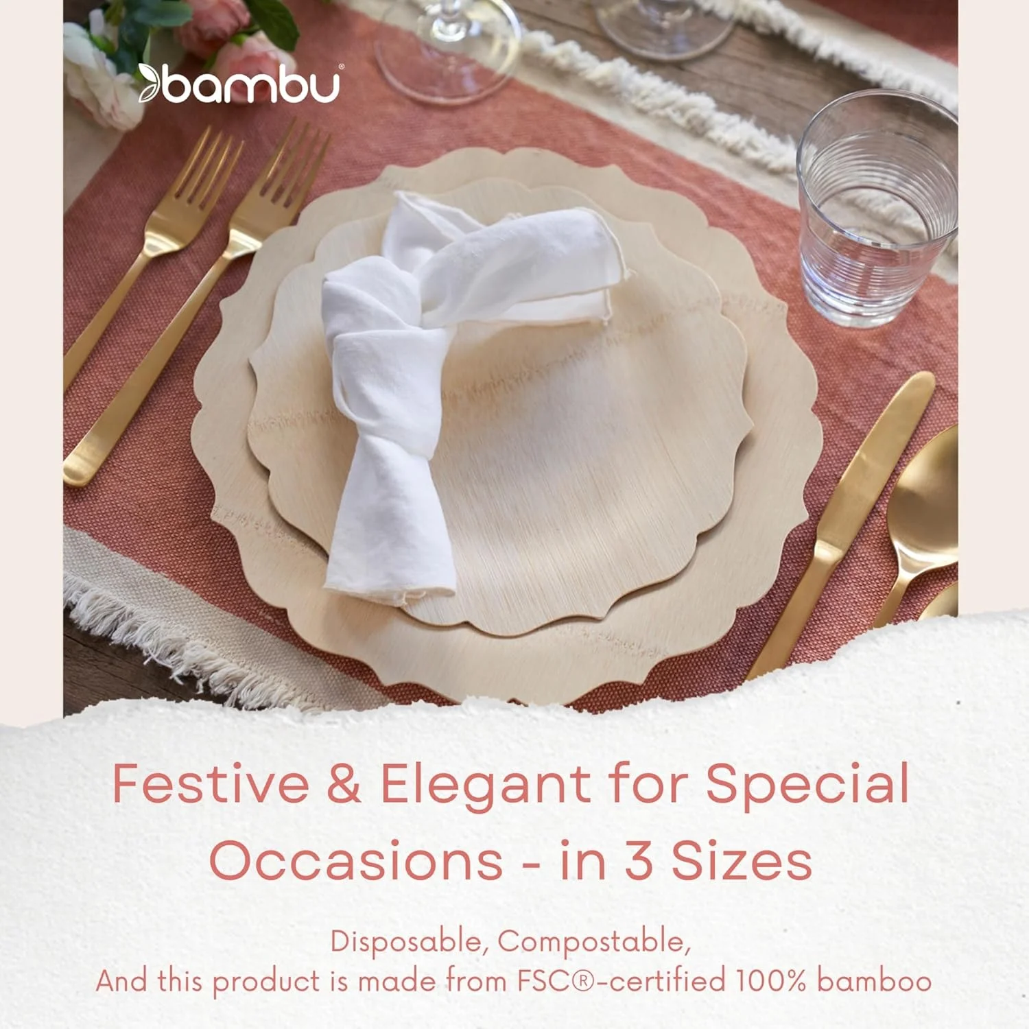 Bambu Pack of 100-9 Inch Fancy 100% Bamboo Plates -C Premium Disposable Dinnerware | Elegant, Biodegradable Veneerware Natural Tableware for Weddings, Parties, Entertaining & Special Occasions