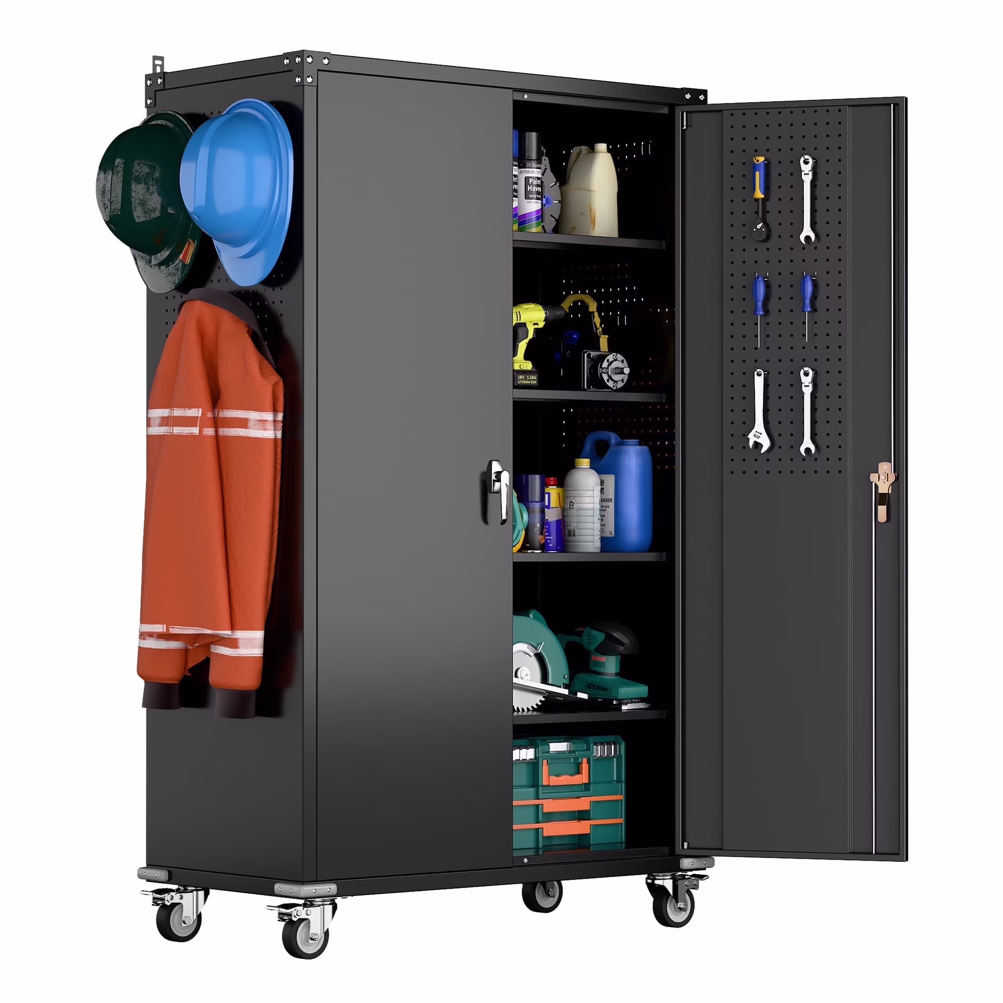 GangMei 71-Inch Metal Lockable Storage Cabinet with Pegboards and 5 adjustable shelves, White, Assembly Required
