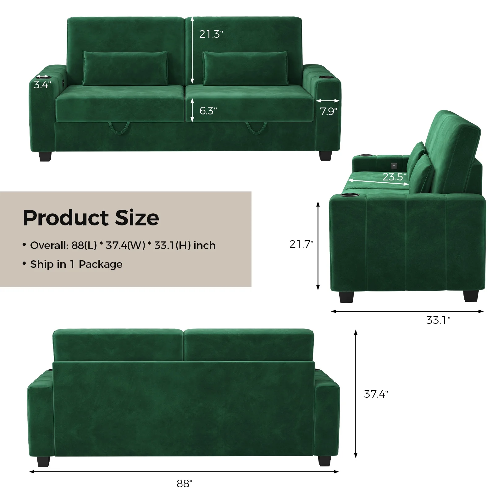 87-Large Loveseat Sofa, 3 Seater Couch with Storage, Velvet Fabric Deep Seat Sofa with Pillow& Cup Holders, Modern Comfy Sofa with USB& Type-C Ports, Home Sofa Couch for Living Room Bedroom