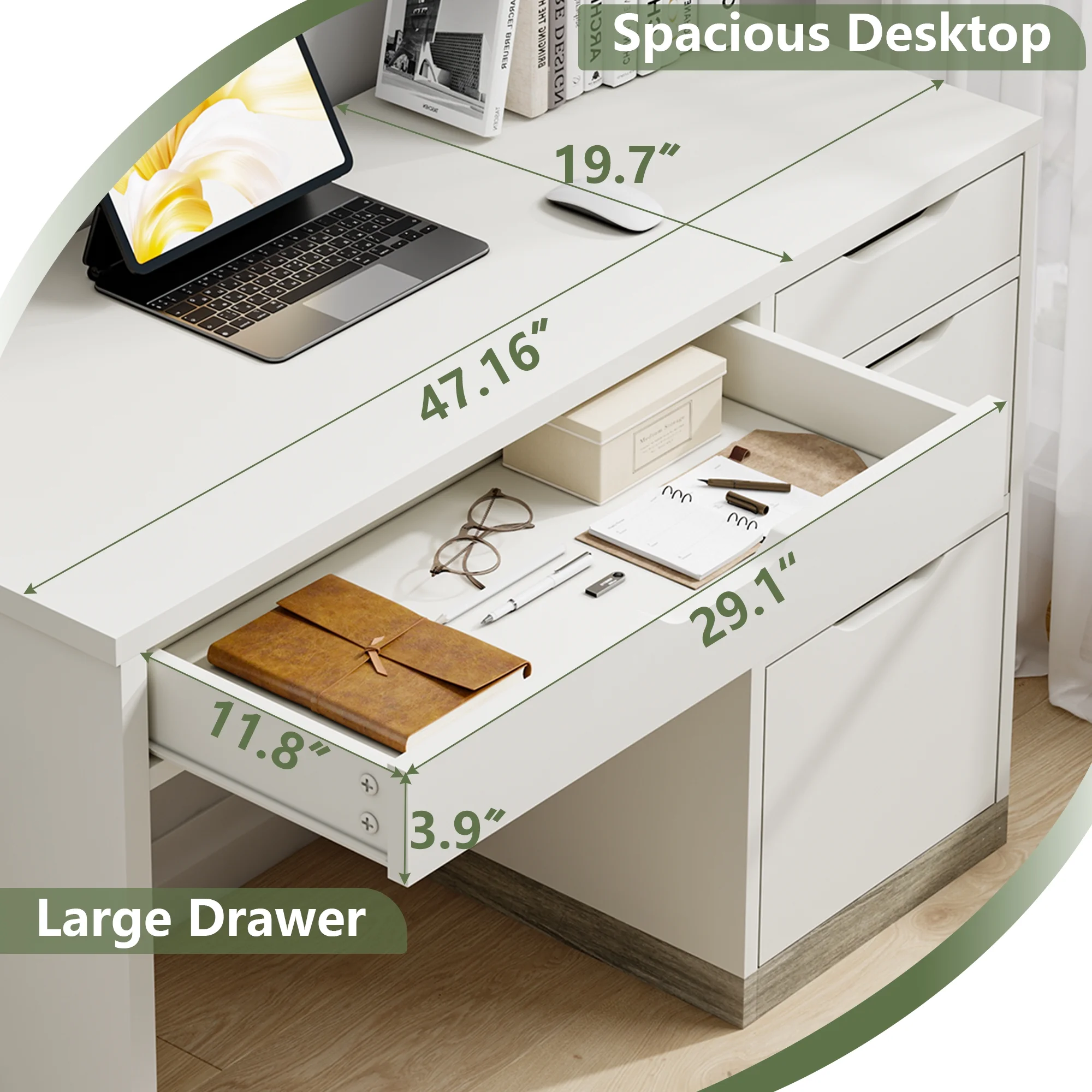 DreamCurship White Desk with Drawers, Modern Computer Desk with File Drawers, Home Office Study Writing Desk with Storage, White