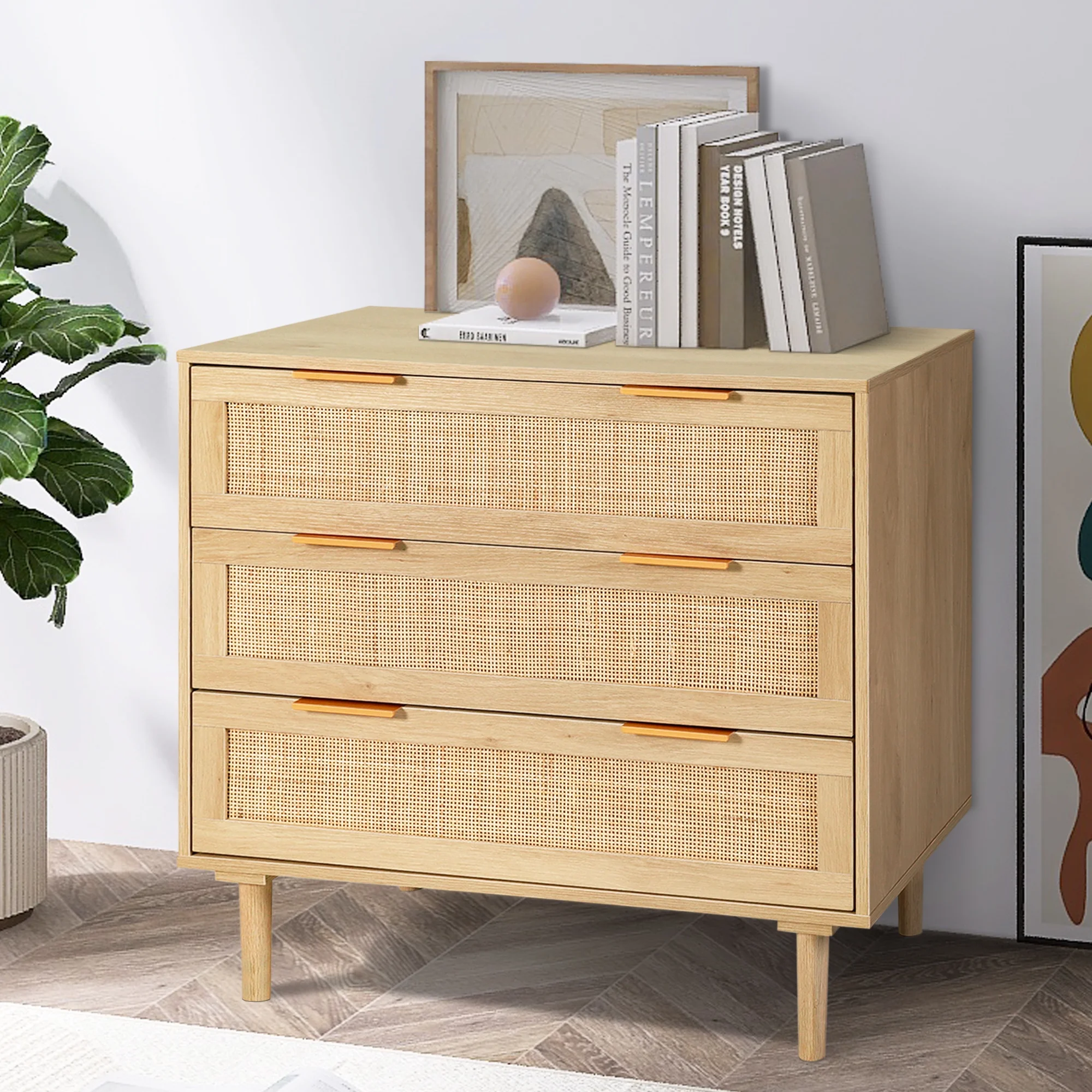 LAZZO 3 Modern Drawer Dresser Rattan, Wooden Dresser Chest of Large Storage Cabinet