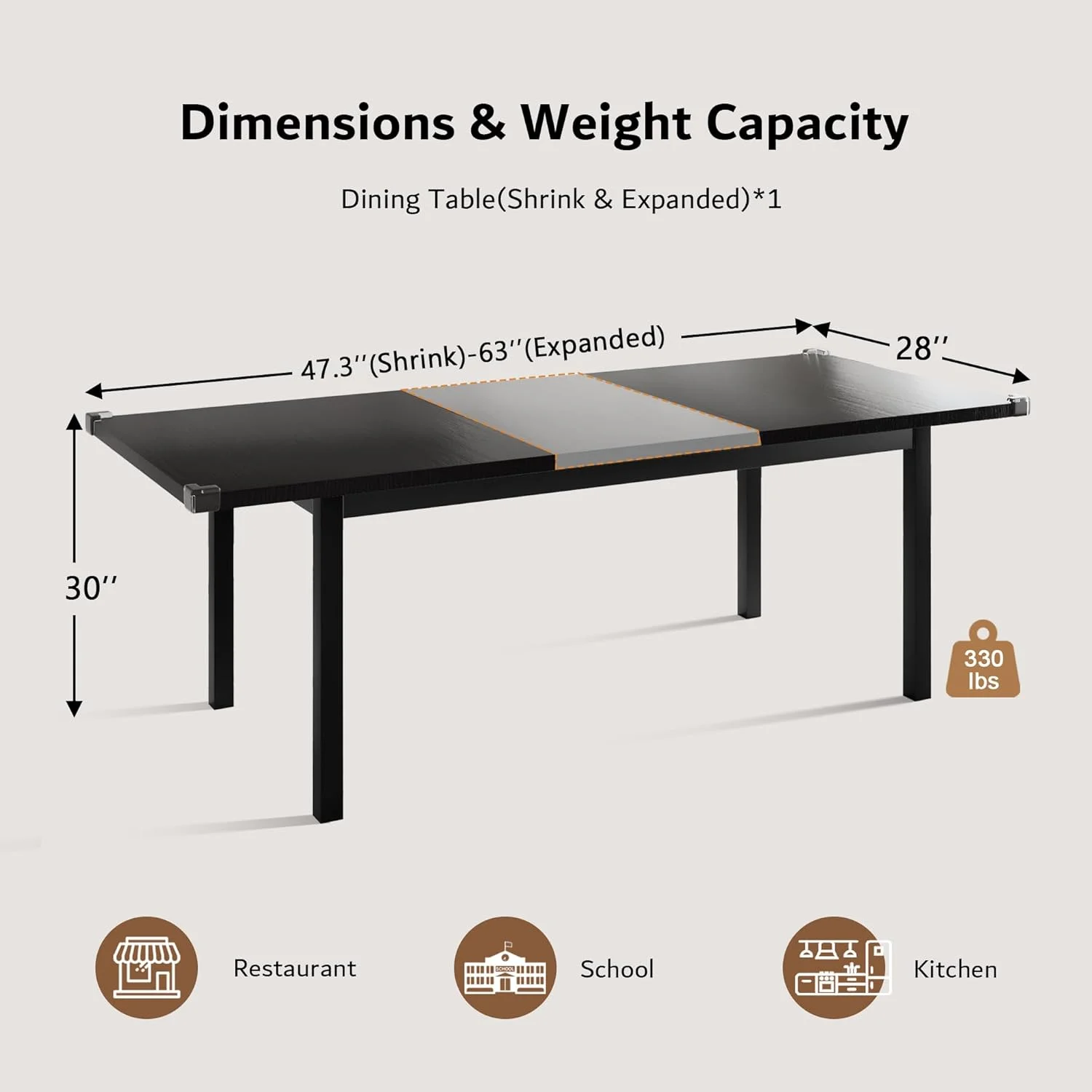 iPormis 63" Extendable Dining Table for 4-8, Square Wooden Dining Room Table with Metal Base, Modern Extendable Table for Small Kitchens, Dining Office Areas, Black