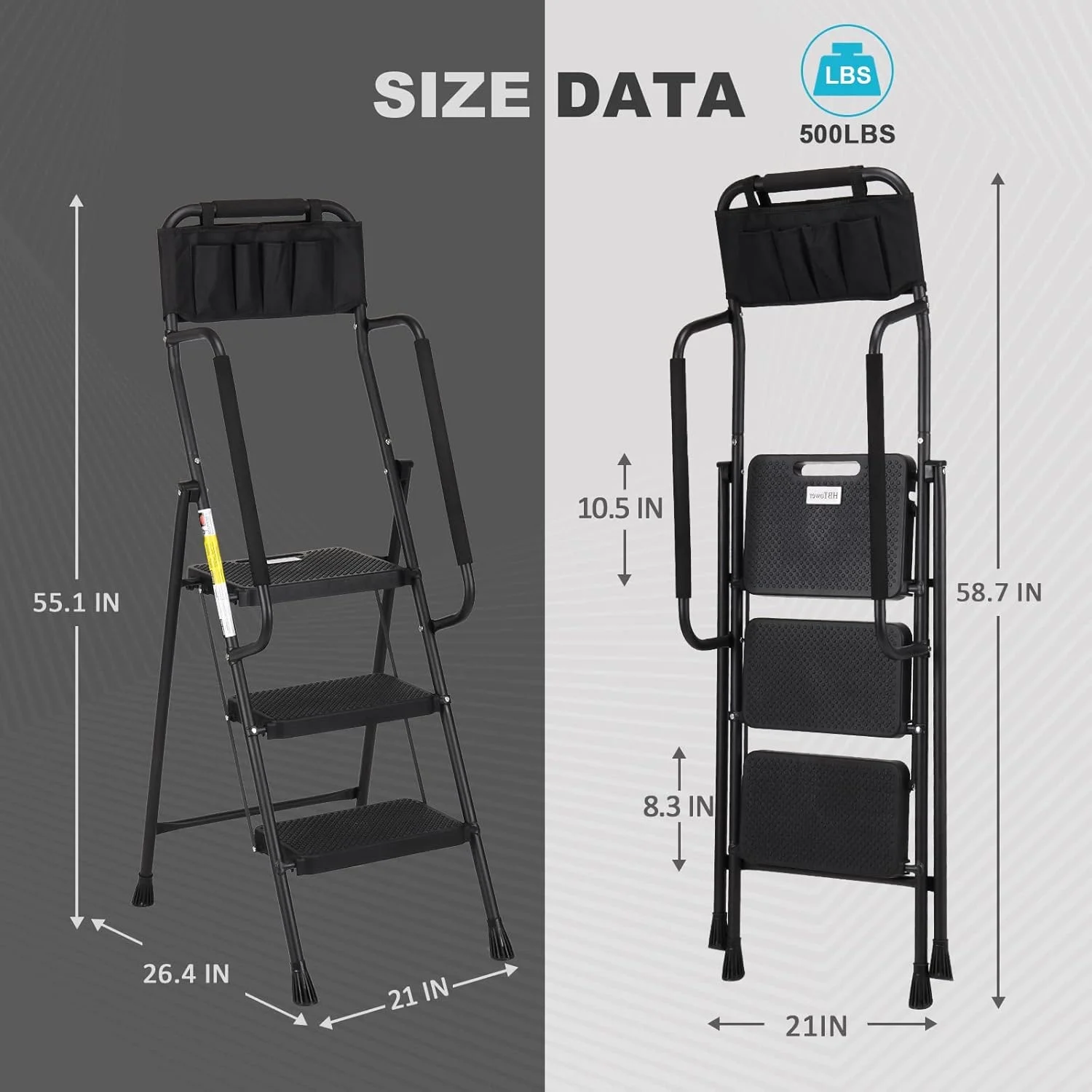 HBTower 4 Step Ladder with Handrails and Tool Bag, Folding Step Stool with Attachable  Anti-Slip Wide Pedal, Black